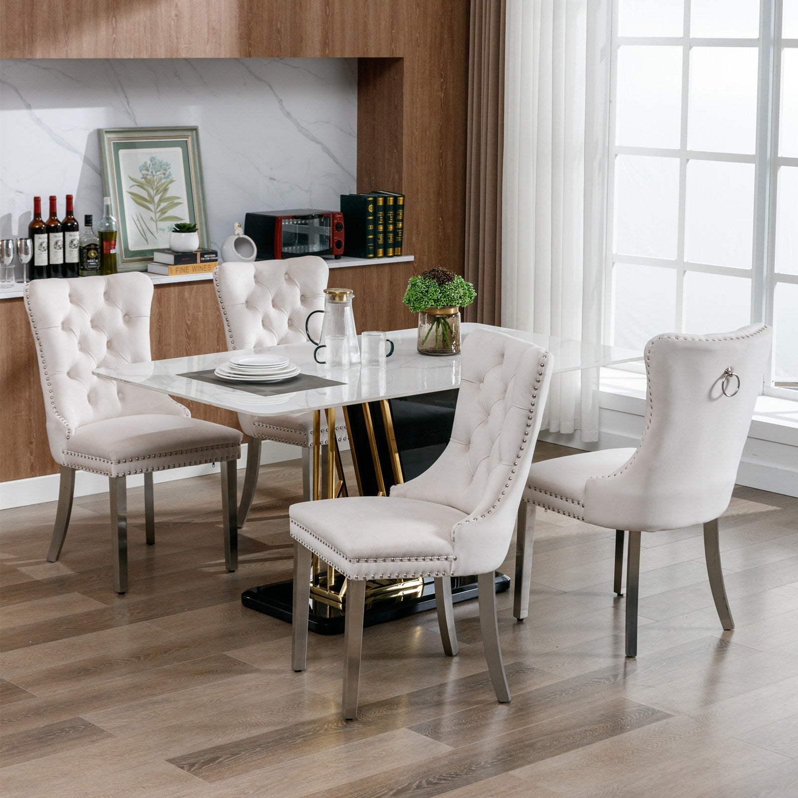 Rosewick Modern Tufted Velvet Nailhead Trim Solid Wood Upholstered Dining Chair with Chrome Stainless Steel Plating Legs, Set of 2