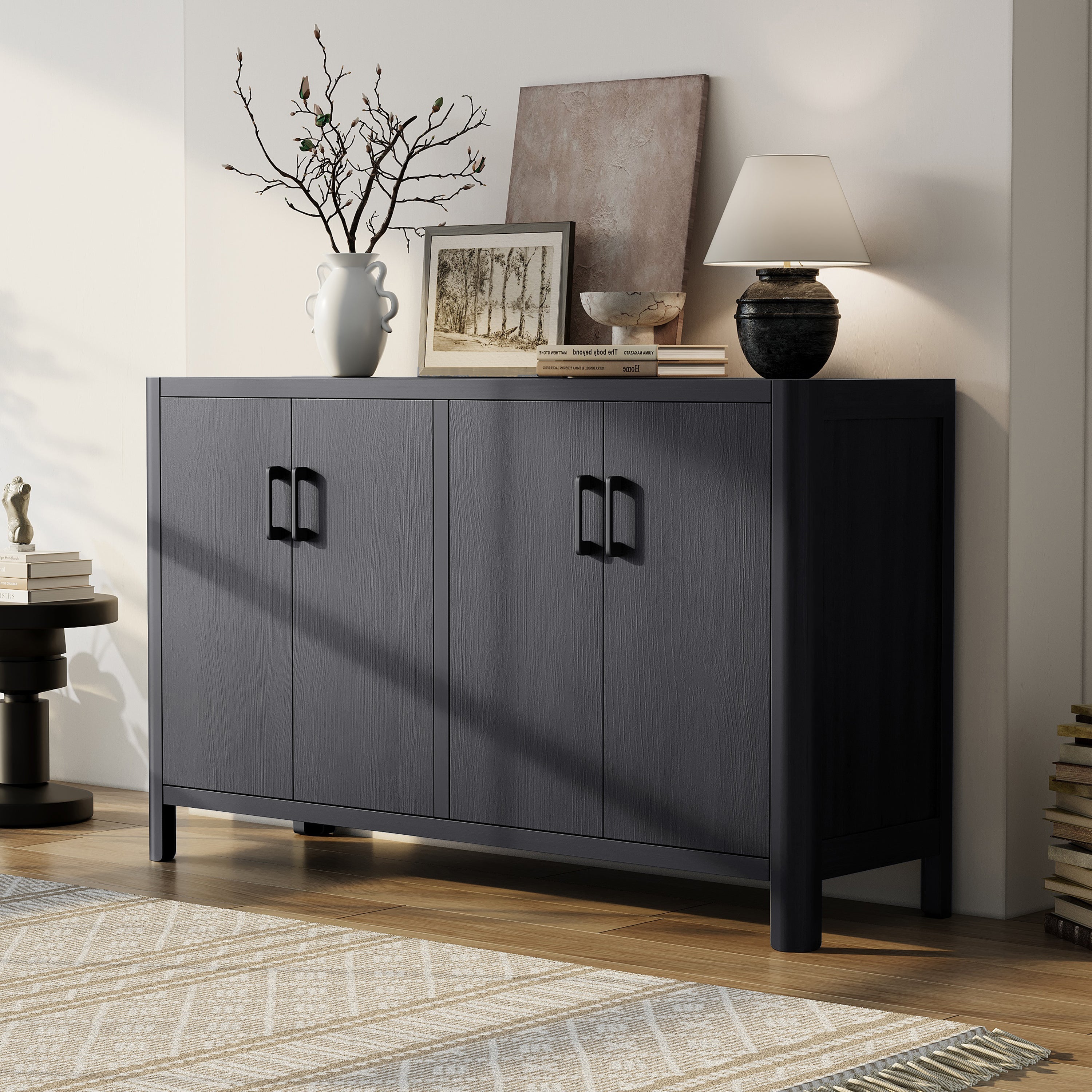 Farmhouse Style 4-Door Cabinet with Natural Distressed Finish