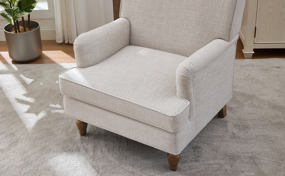 Benton Upholstered Linen Fabric Armchair with Antique Solid Wood Legs