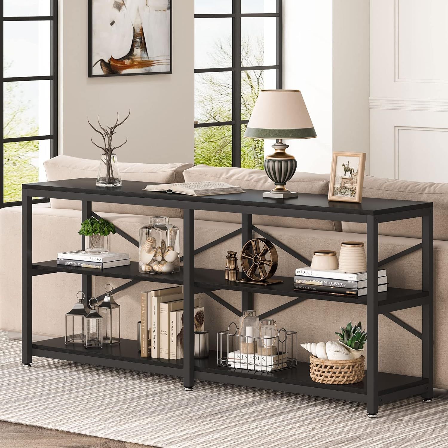 Runford Modern Entryway Table with Metal Frame & X-Back Design