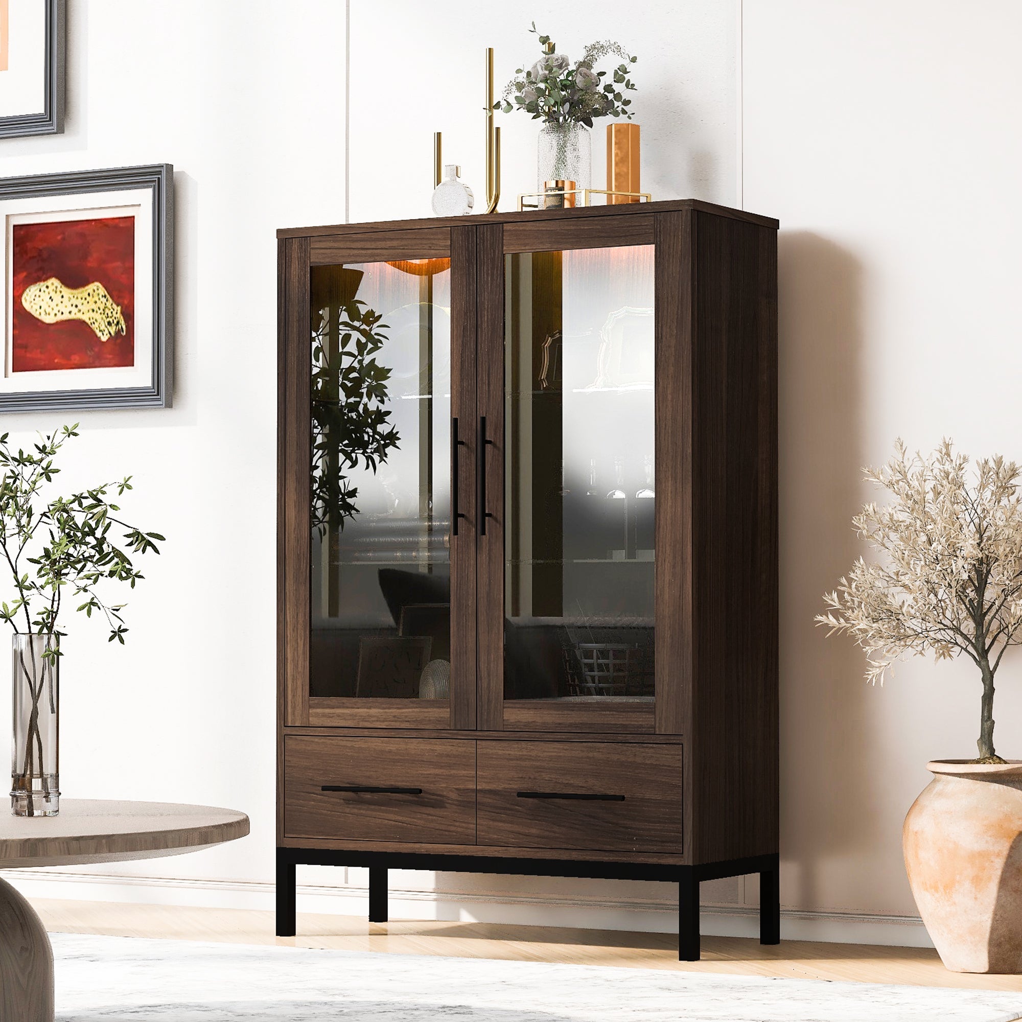 Wide Farmhouse Storage Cabinet with 4-Tier Adjustable Glass Shelves