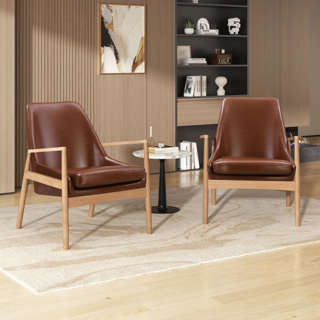 Brown Faux Leather Mid-Century Modern Armchair with Solid Wood Frame, Set of 2