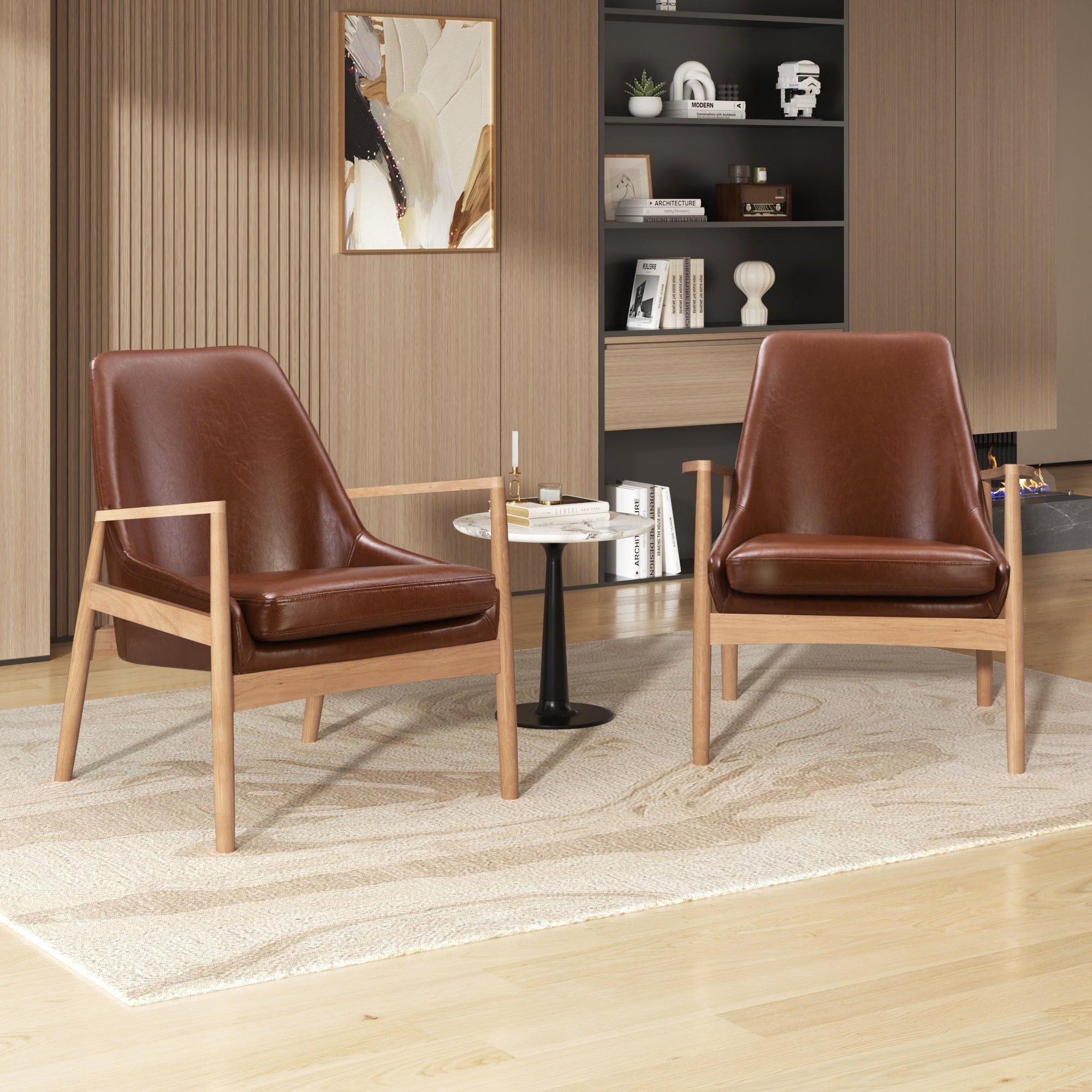 Brown Faux Leather Mid-Century Modern Armchair with Solid Wood Frame, Set of 2
