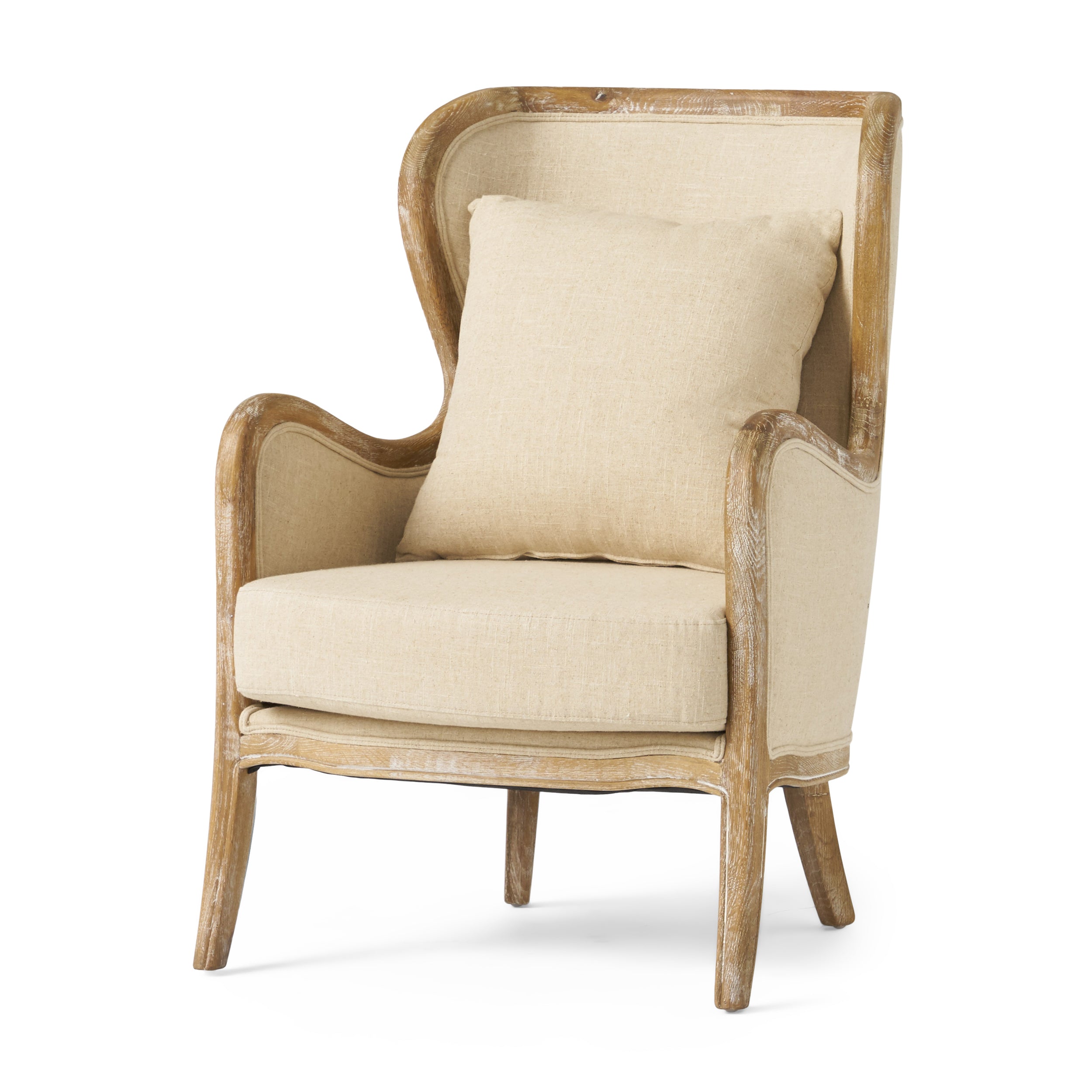 Crenshaw Beige Fabric Wing Arm Chair with Oak Frame and High Back