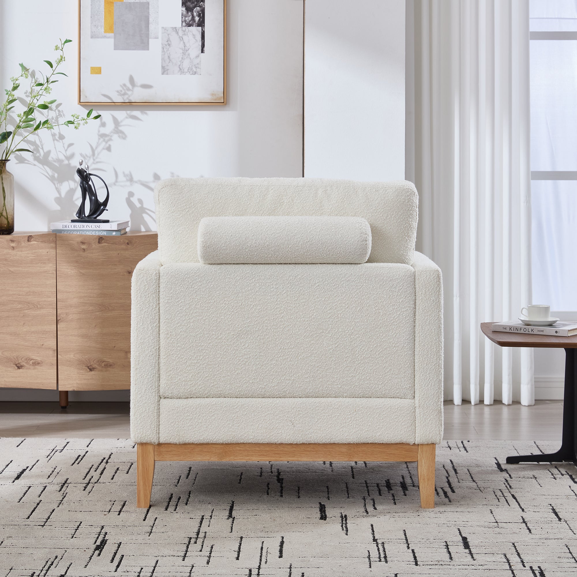 Wide Modern Farmhouse Performance Boucle Accent Chair with Natural Wood Legs and Two Bolster Pillows
