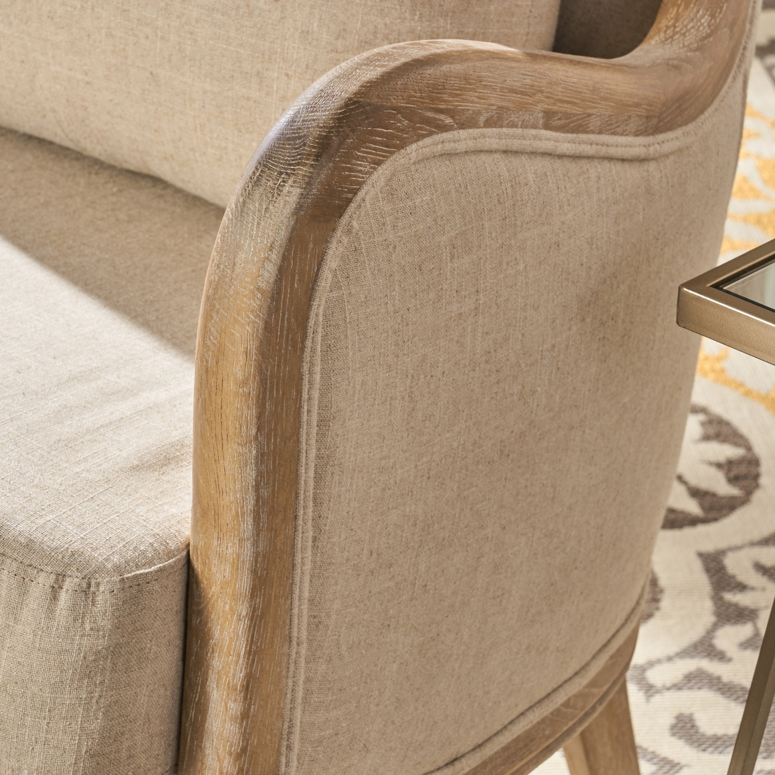 Crenshaw Beige Fabric Wing Arm Chair with Oak Frame and High Back