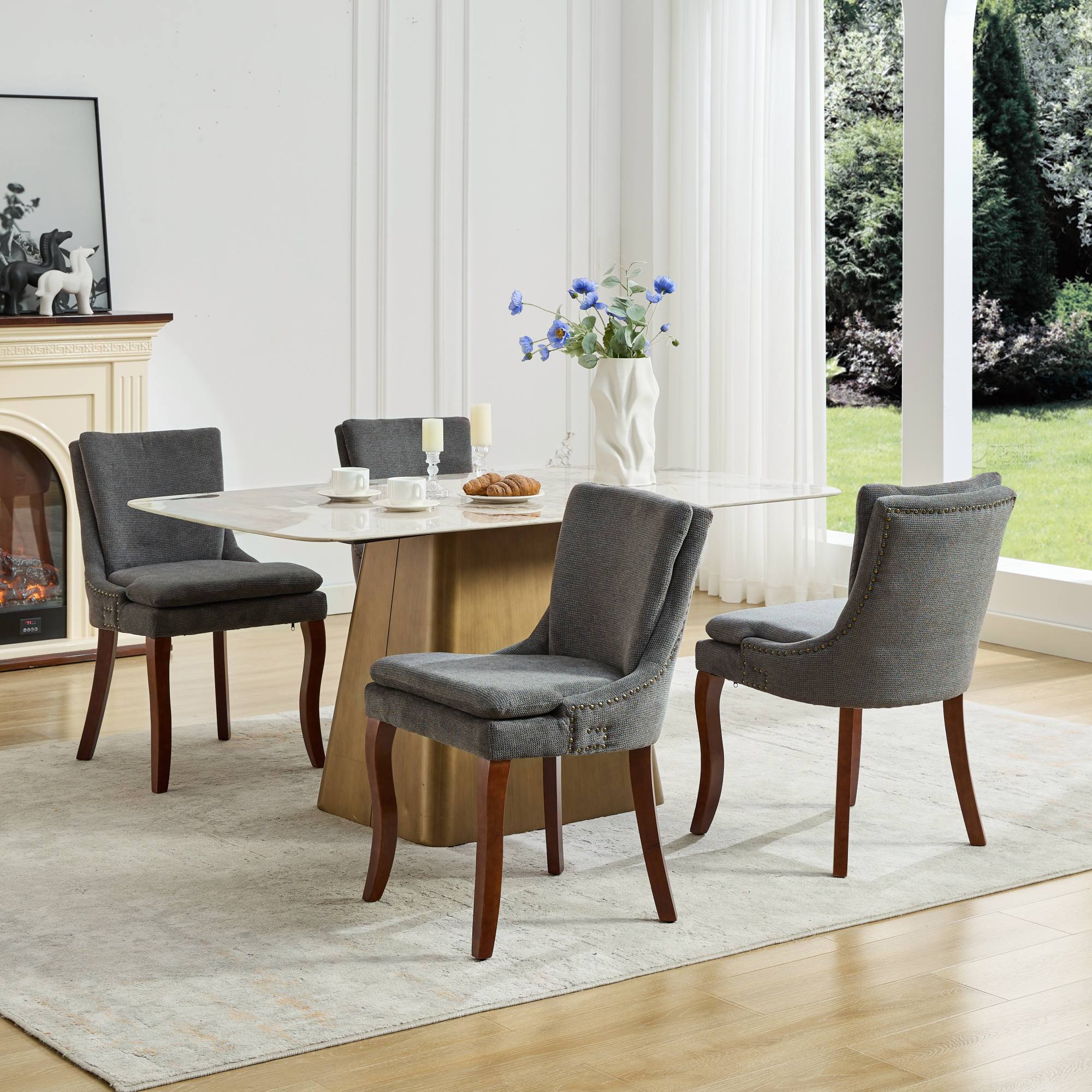 ChenilleUpholstered Dining Chairs with Curved Solid Wood Legs, Set of 2
