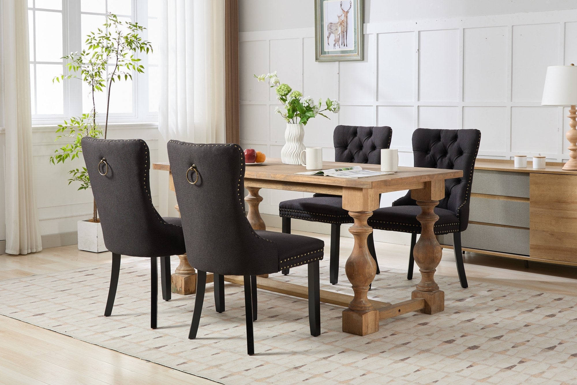 Rosewick Modern Tufted Linen Nailhead Trim Solid Wood Upholstered Dining Chair with Black Legs, Set of 2