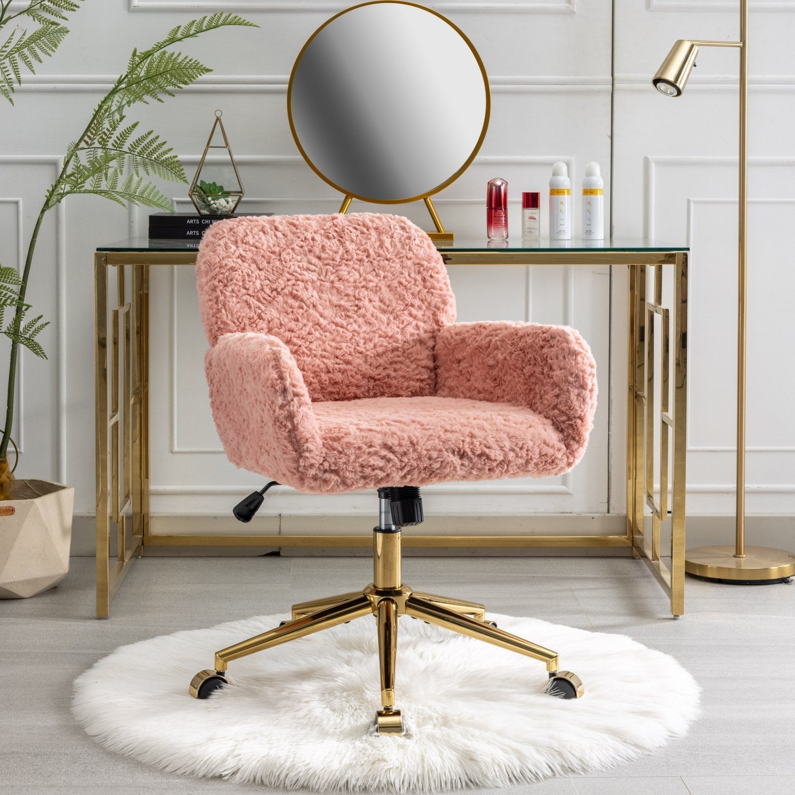 Faux Rabbit Hair Office Chair with Golden Metal Base, Adjustable Swivel