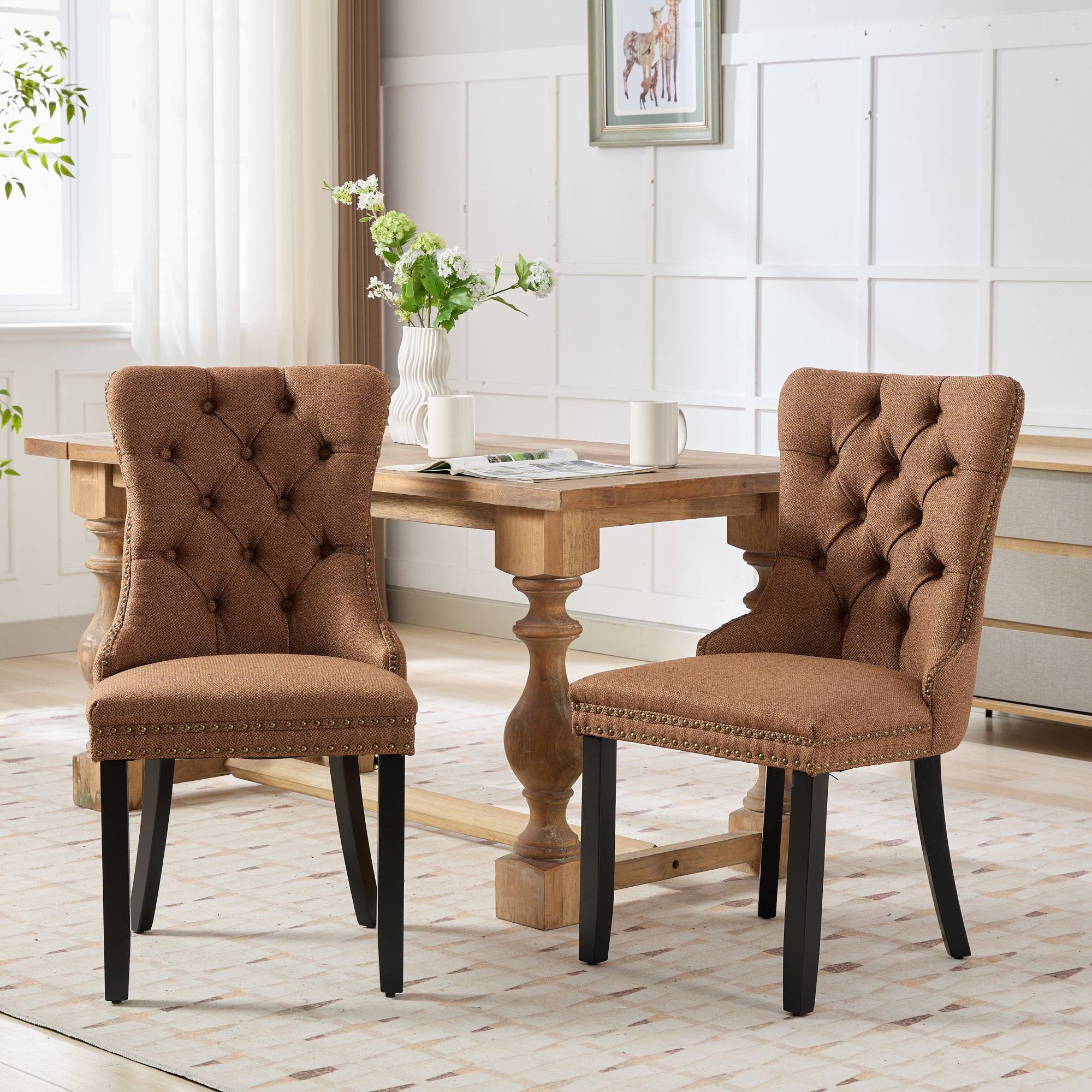 Rosewick Modern Tufted Linen Nailhead Trim Solid Wood Upholstered Dining Chair with Black Legs, Set of 2