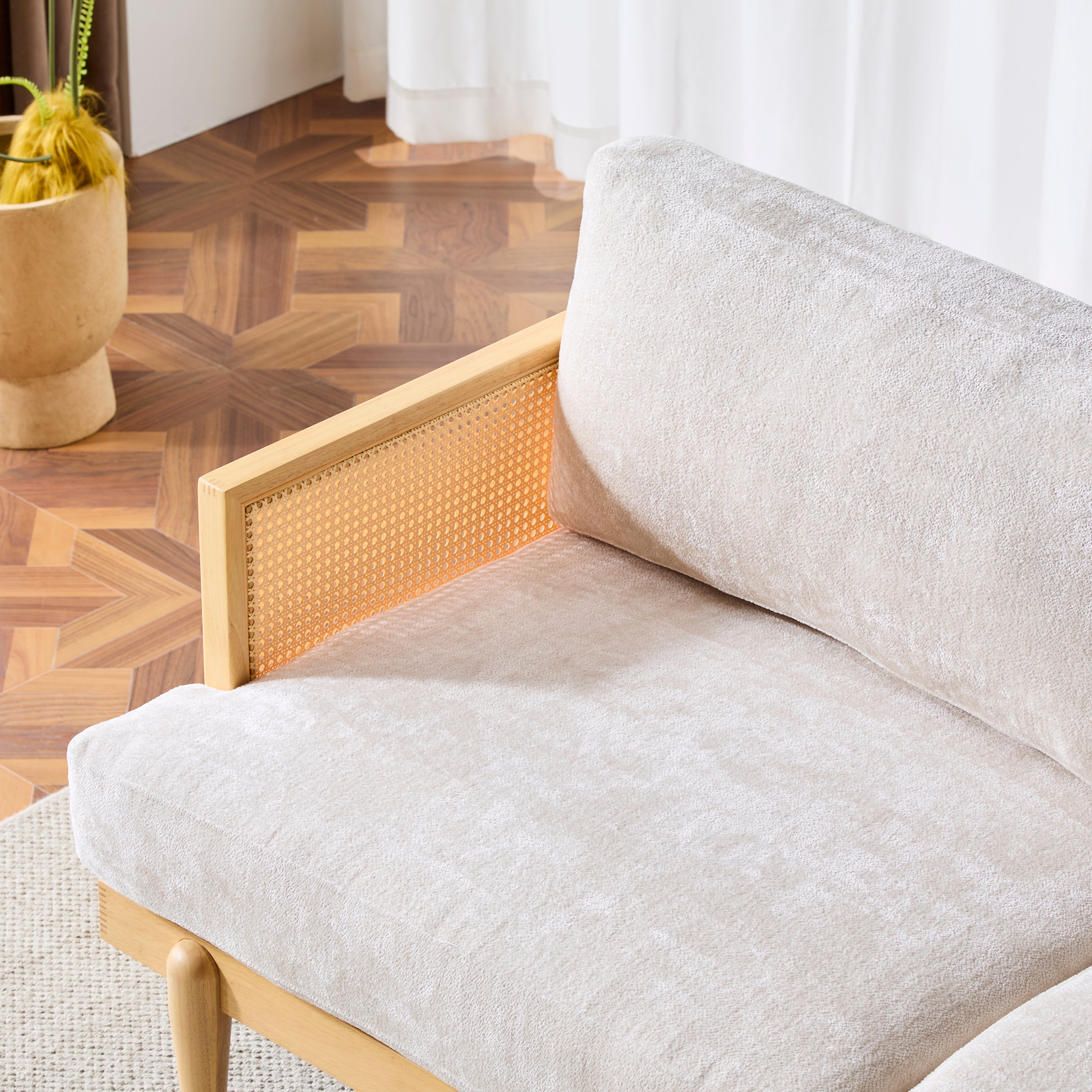Square Arm 3-Seater Sofa with Cane Rattan and Wooden Frame