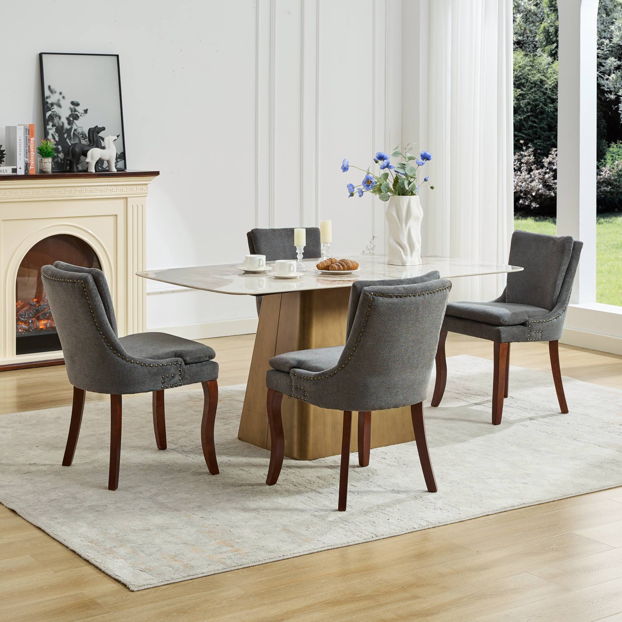 ChenilleUpholstered Dining Chairs with Curved Solid Wood Legs, Set of 2