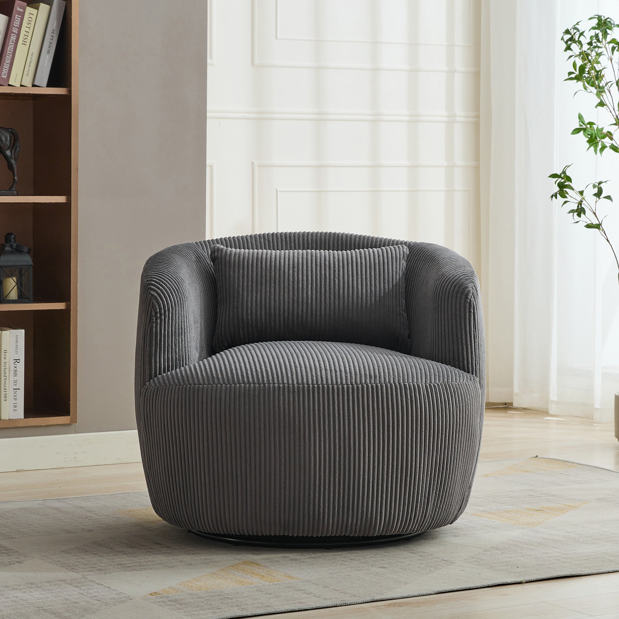 Wide Upholstered Corduroy 360° Swivel Barrel Soft Accent Chair with Pillow