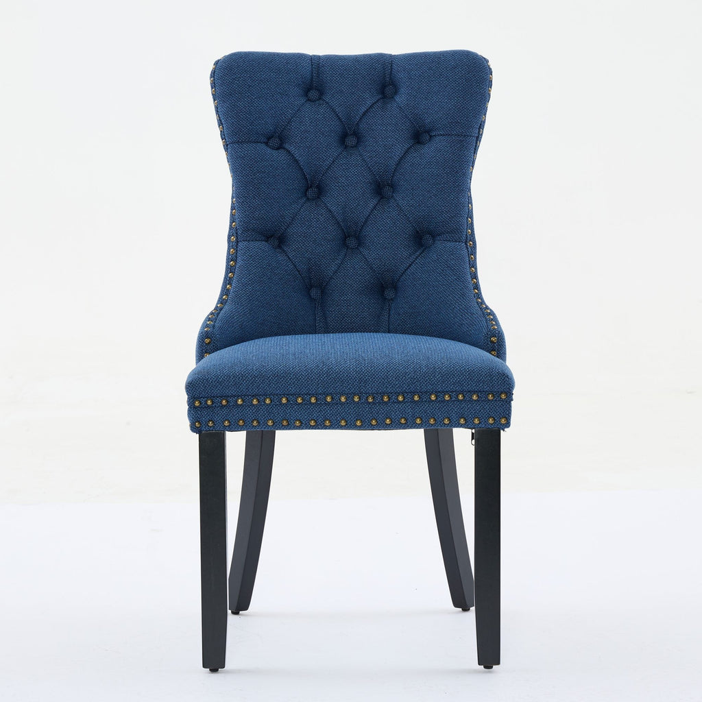 Rosewick Modern Tufted Linen Nailhead Trim Solid Wood Upholstered Dining Chair with Black Legs, Set of 2