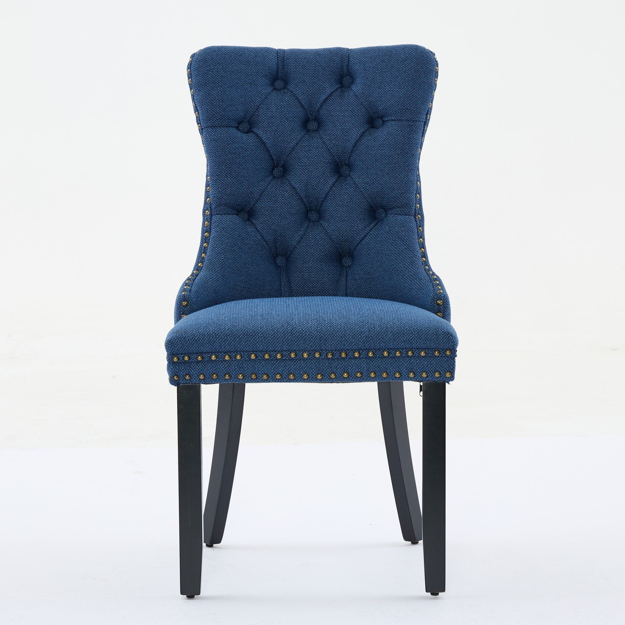 Rosewick Modern Tufted Linen Nailhead Trim Solid Wood Upholstered Dining Chair with Black Legs, Set of 2