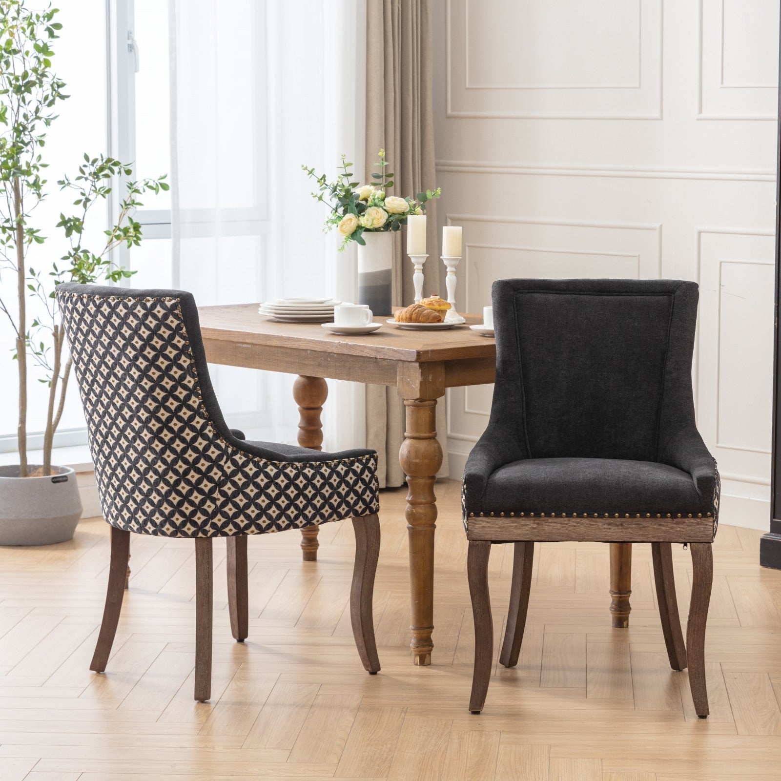 Square Patterned Back Upholstered Dining Chair with Bronze Nailhead Trim, Set of 2