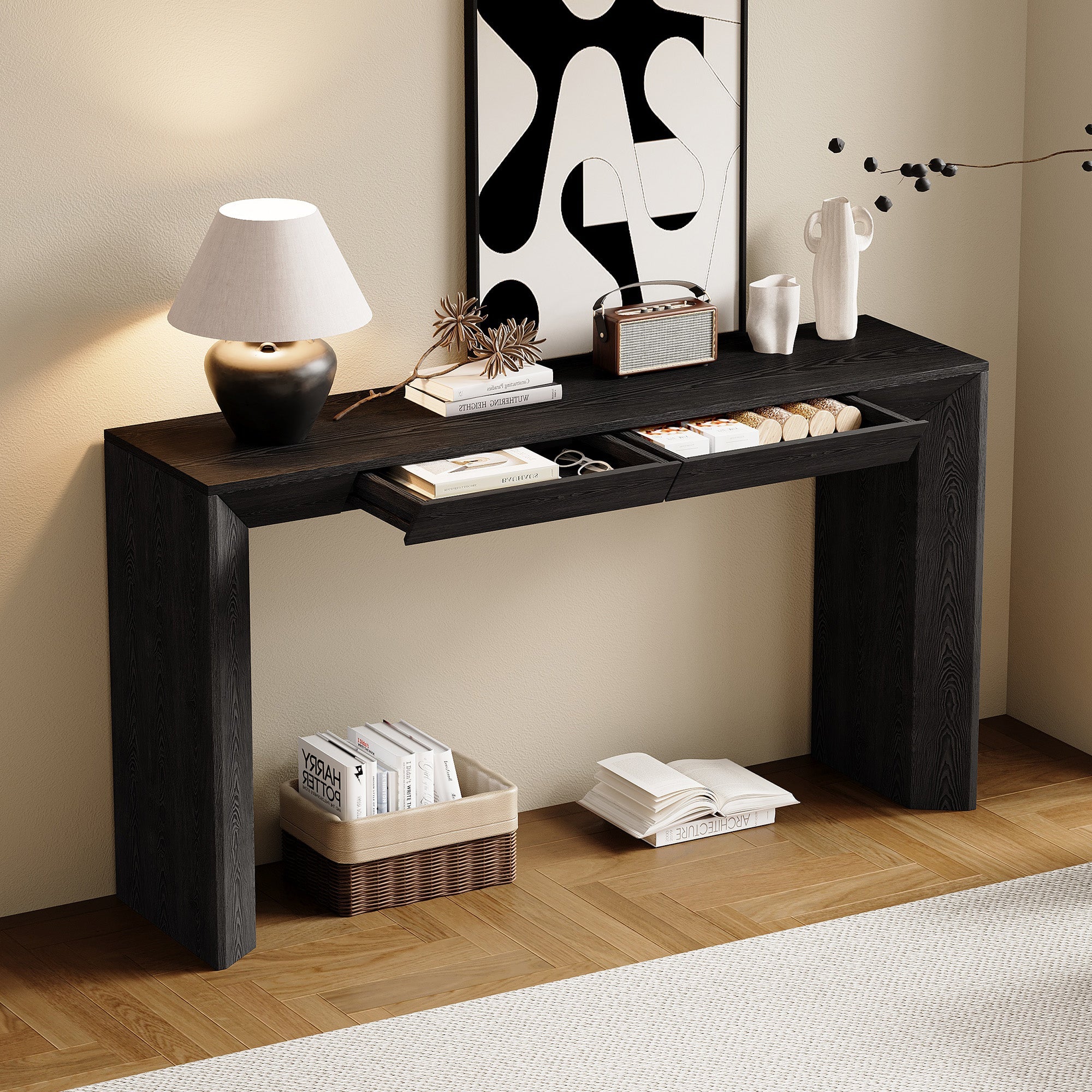 Modern Farmhouse Waterfall Console Table with 2 Concealed Drawers
