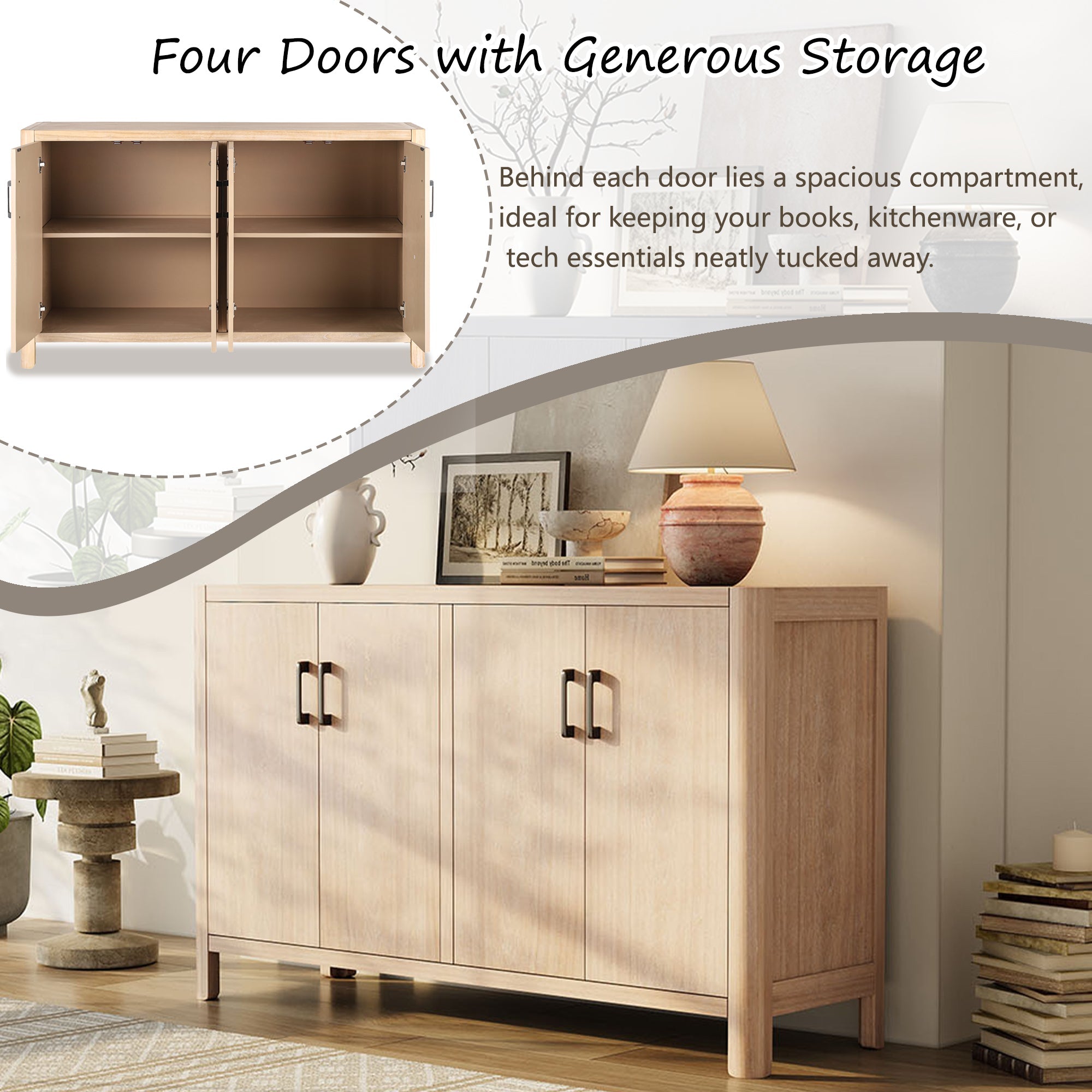 Farmhouse Style 4-Door Cabinet with Natural Distressed Finish