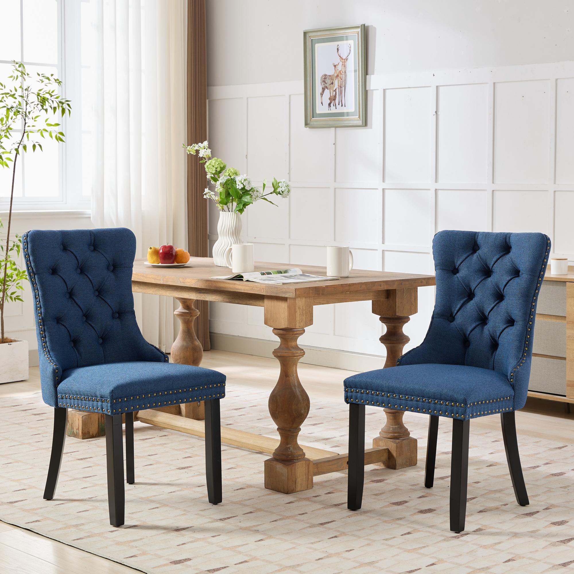 Rosewick Modern Tufted Linen Nailhead Trim Solid Wood Upholstered Dining Chair with Black Legs, Set of 2