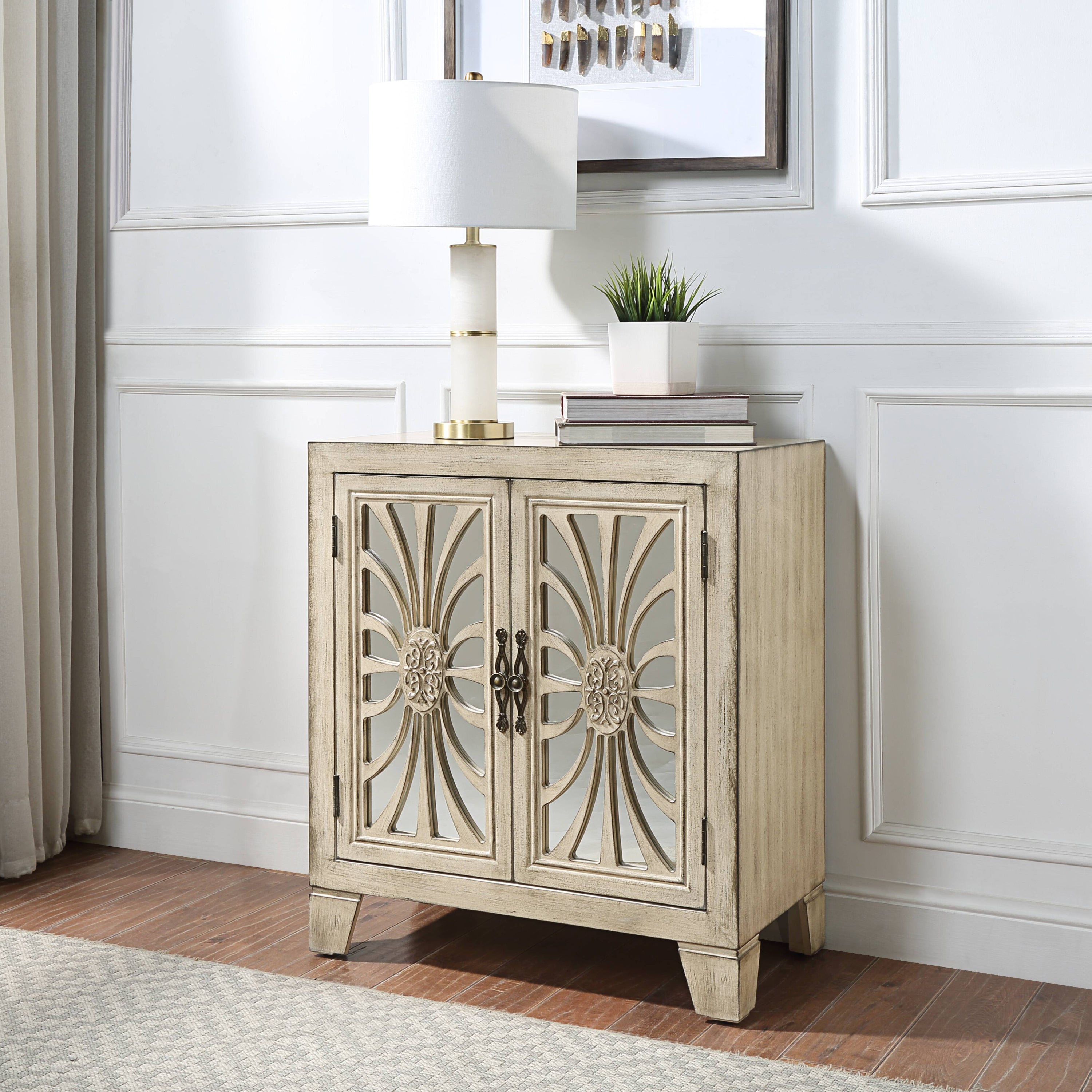Antique White Console Table with Mirrored Doors