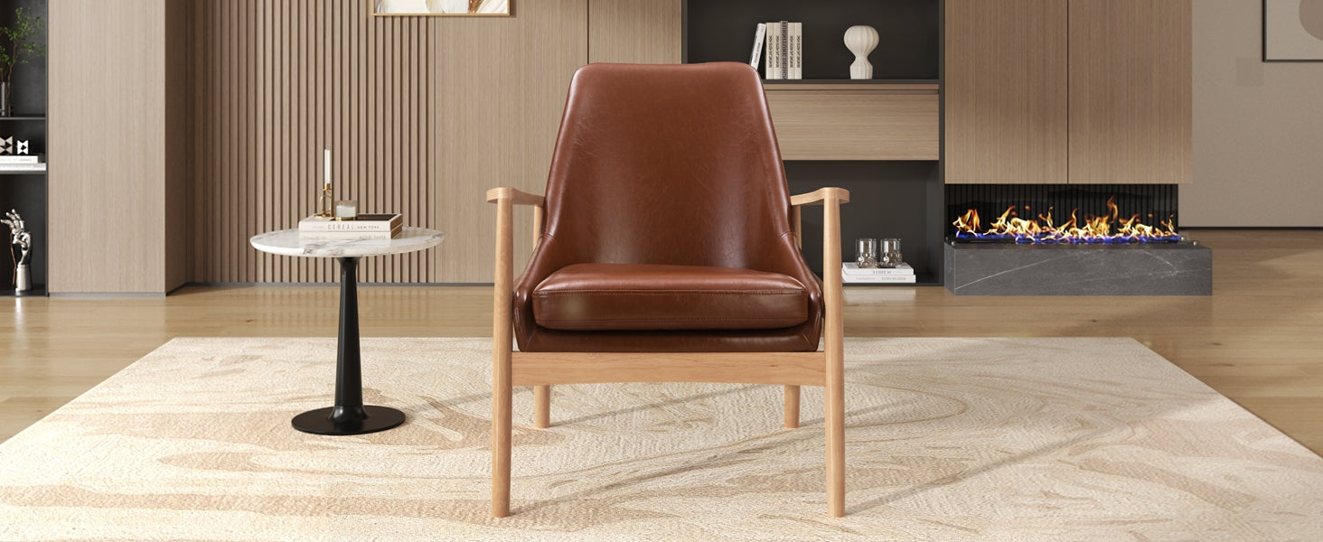 Faux Leather Mid-Century Modern Armchair with Solid Wood Frame