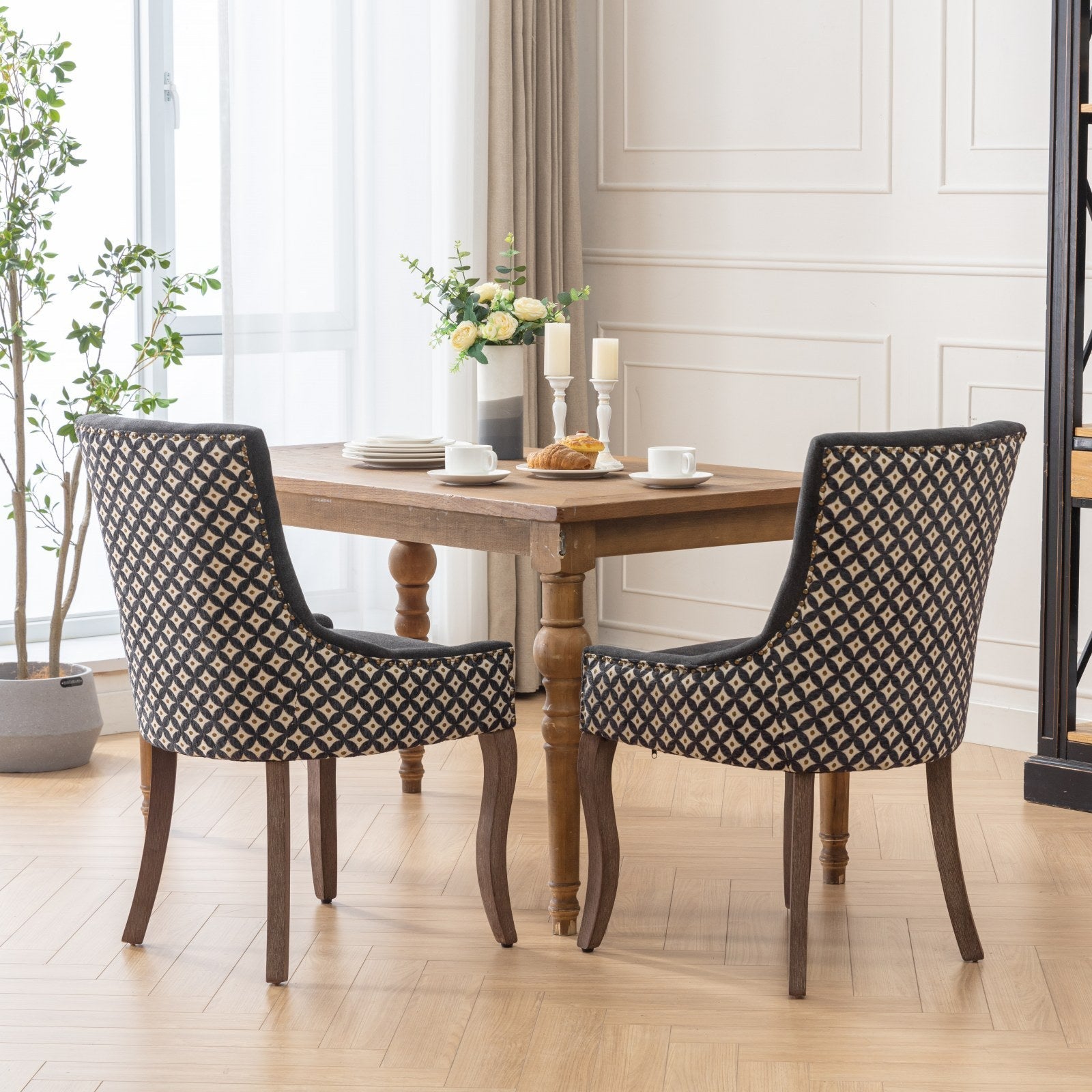 Square Patterned Back Upholstered Dining Chair with Bronze Nailhead Trim, Set of 2