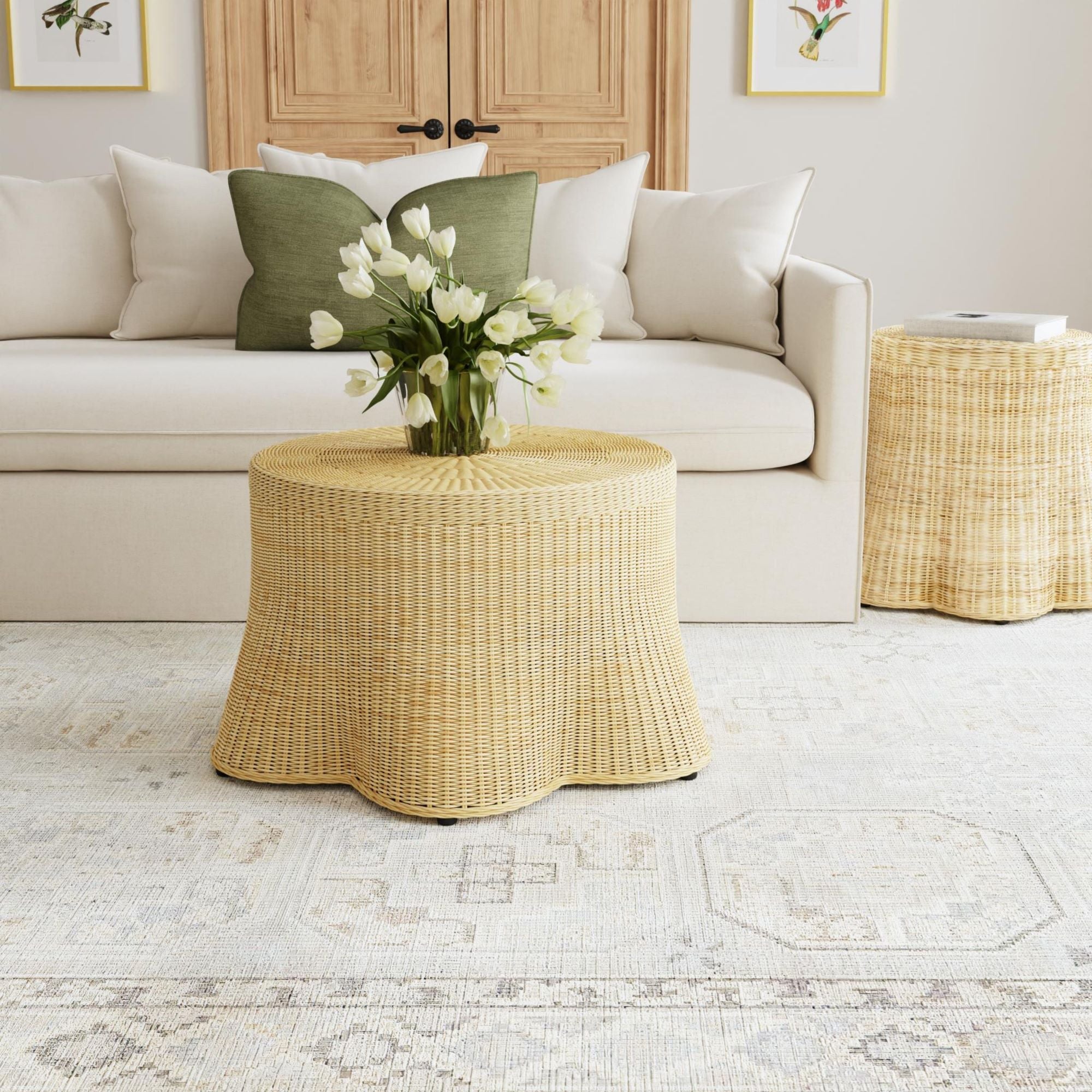 Mira Rattan Coffee Table With Scalloped Base