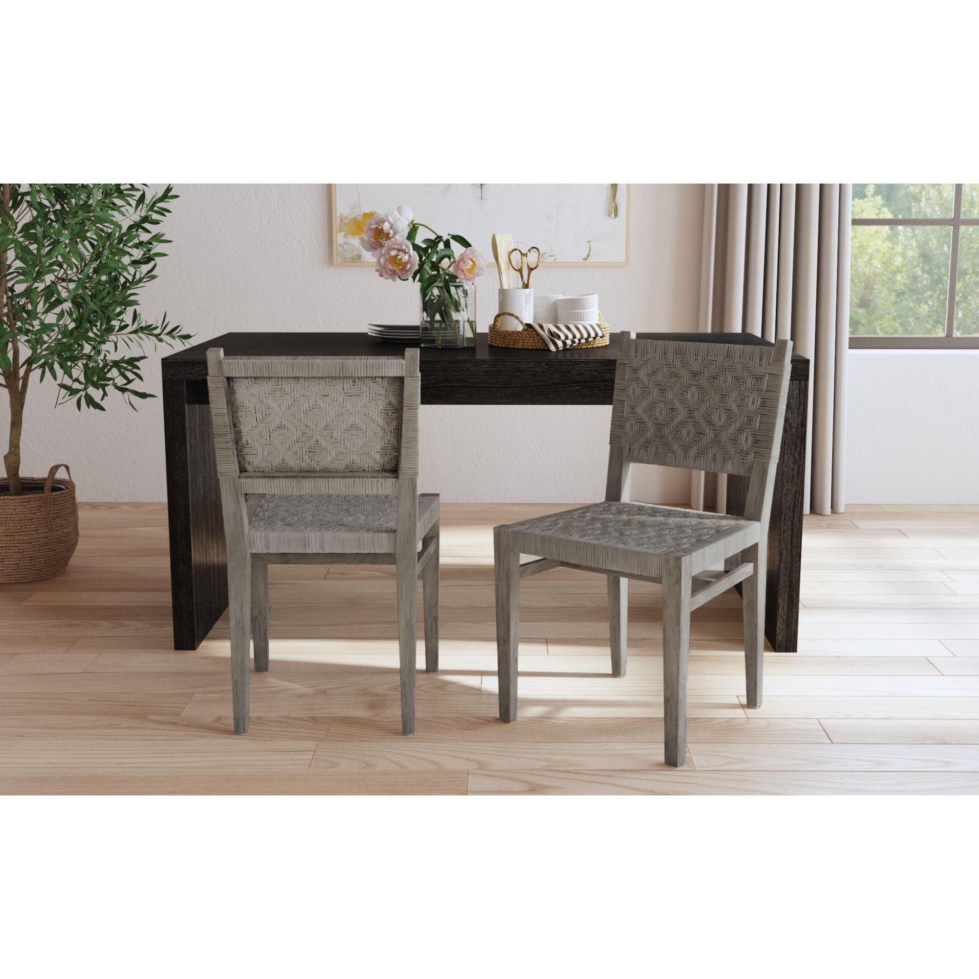 Javi Mahogany Wood and Rattan Seat Dining Chair, Set of 2
