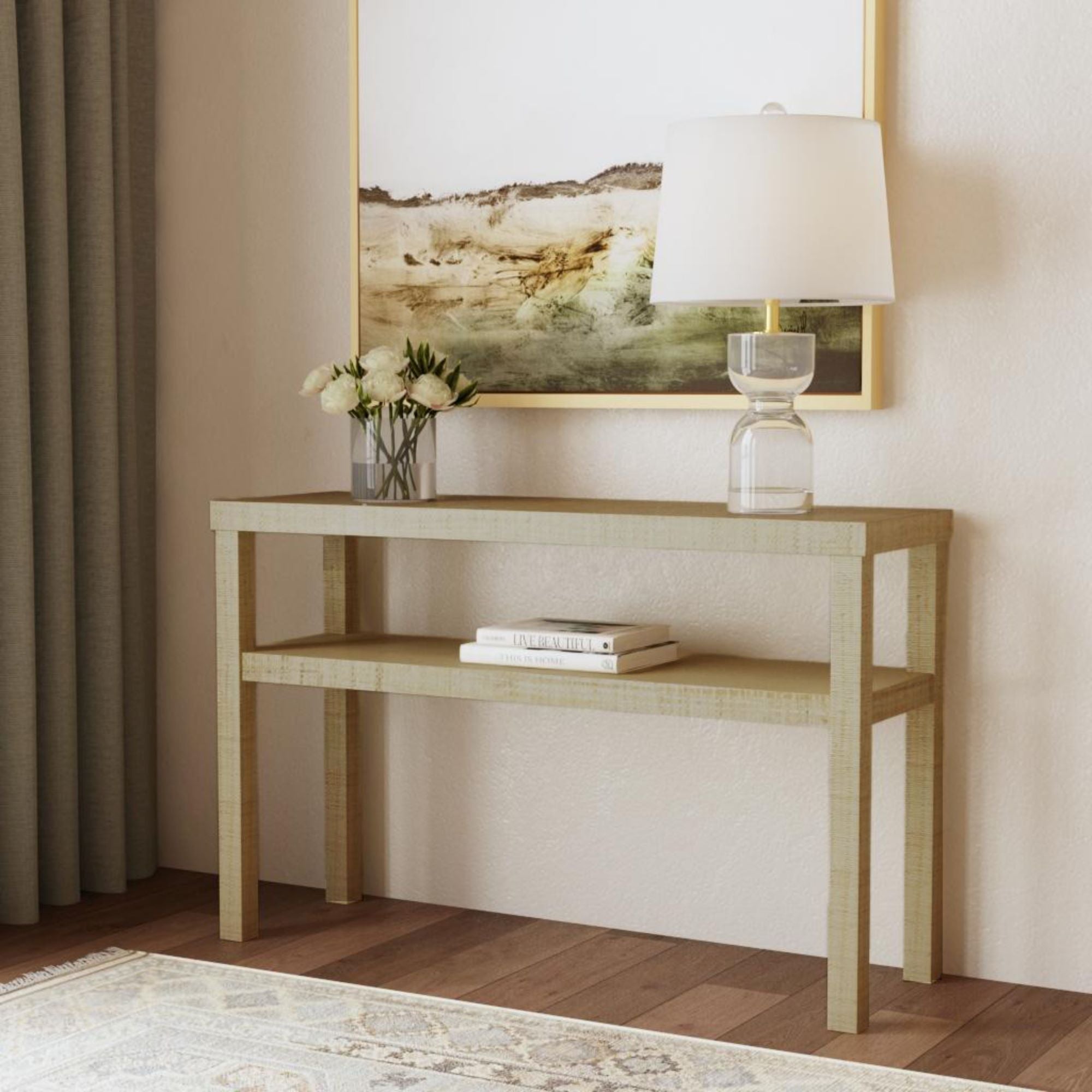 Natural Raffia Wrapped Console Table with Shelf