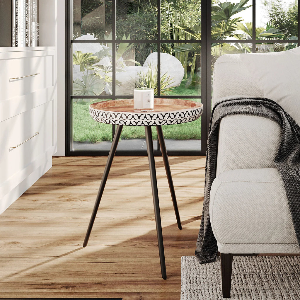 Round Wood Tray Top and Natural Bone Inlay Accent Table
