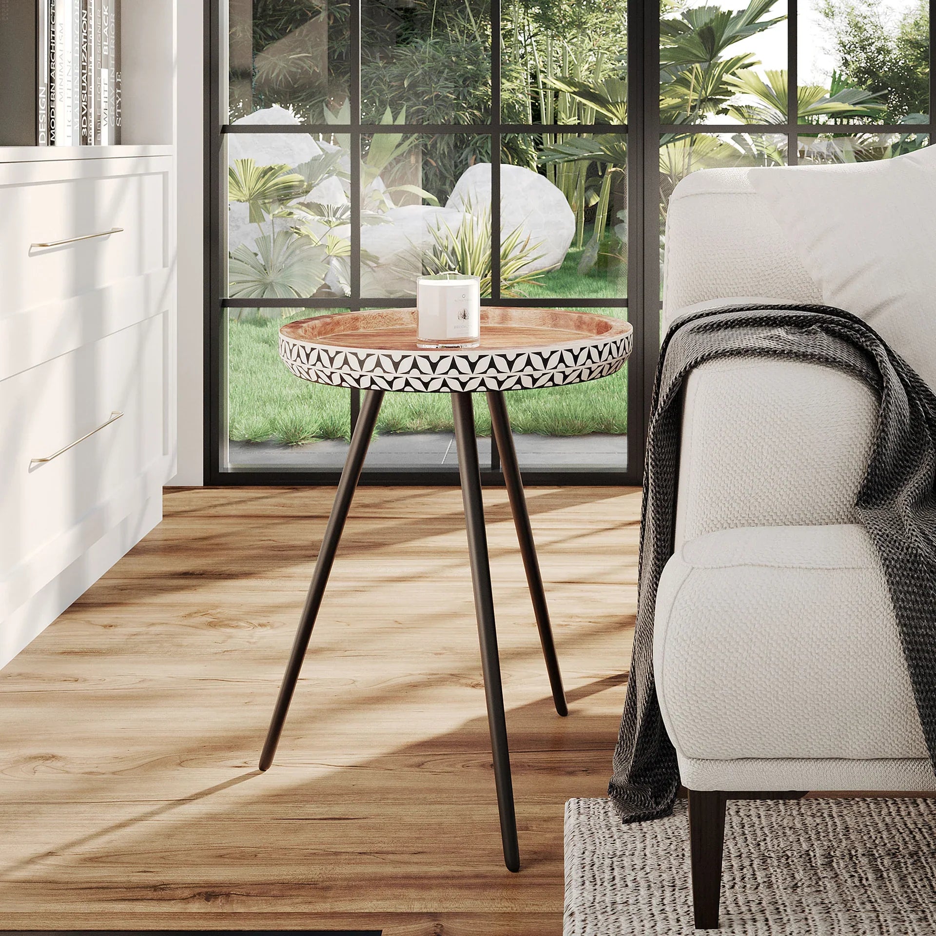 Round Wood Tray Top and Natural Bone Inlay Accent Table