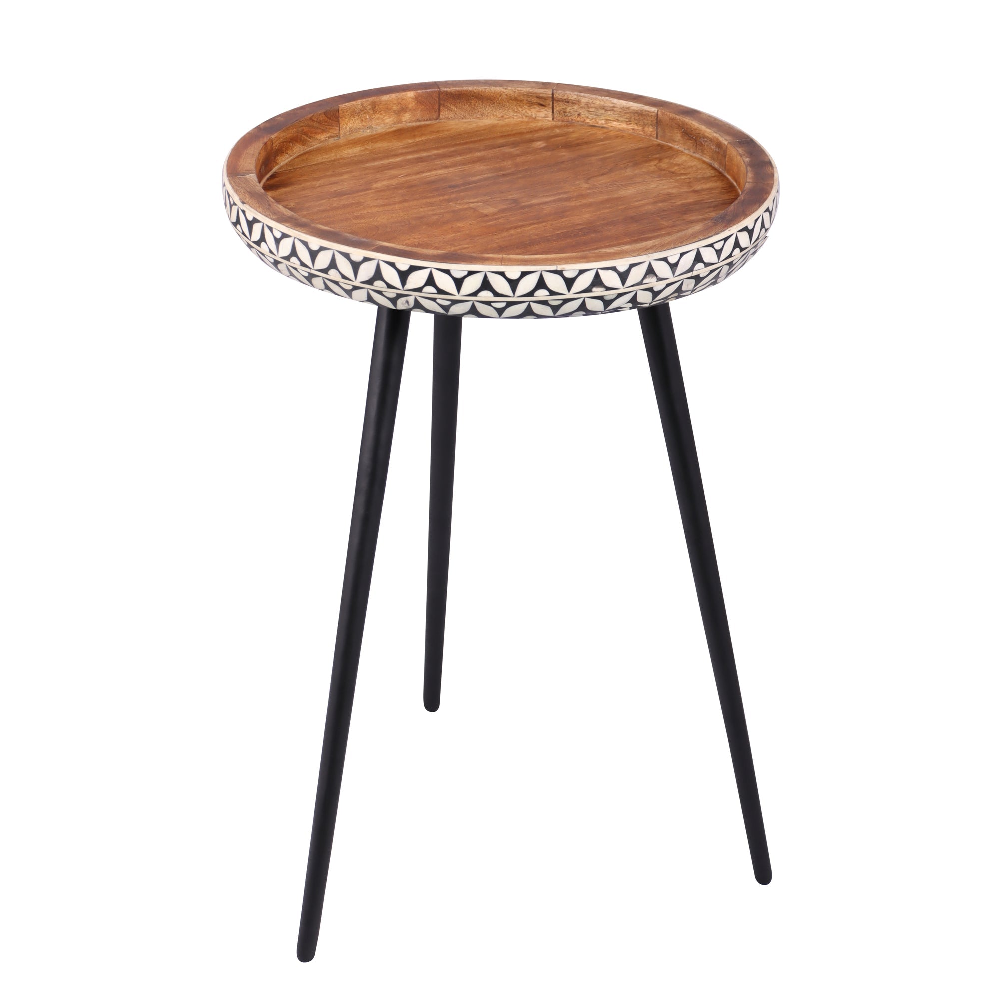 Round Wood Tray Top and Natural Bone Inlay Accent Table