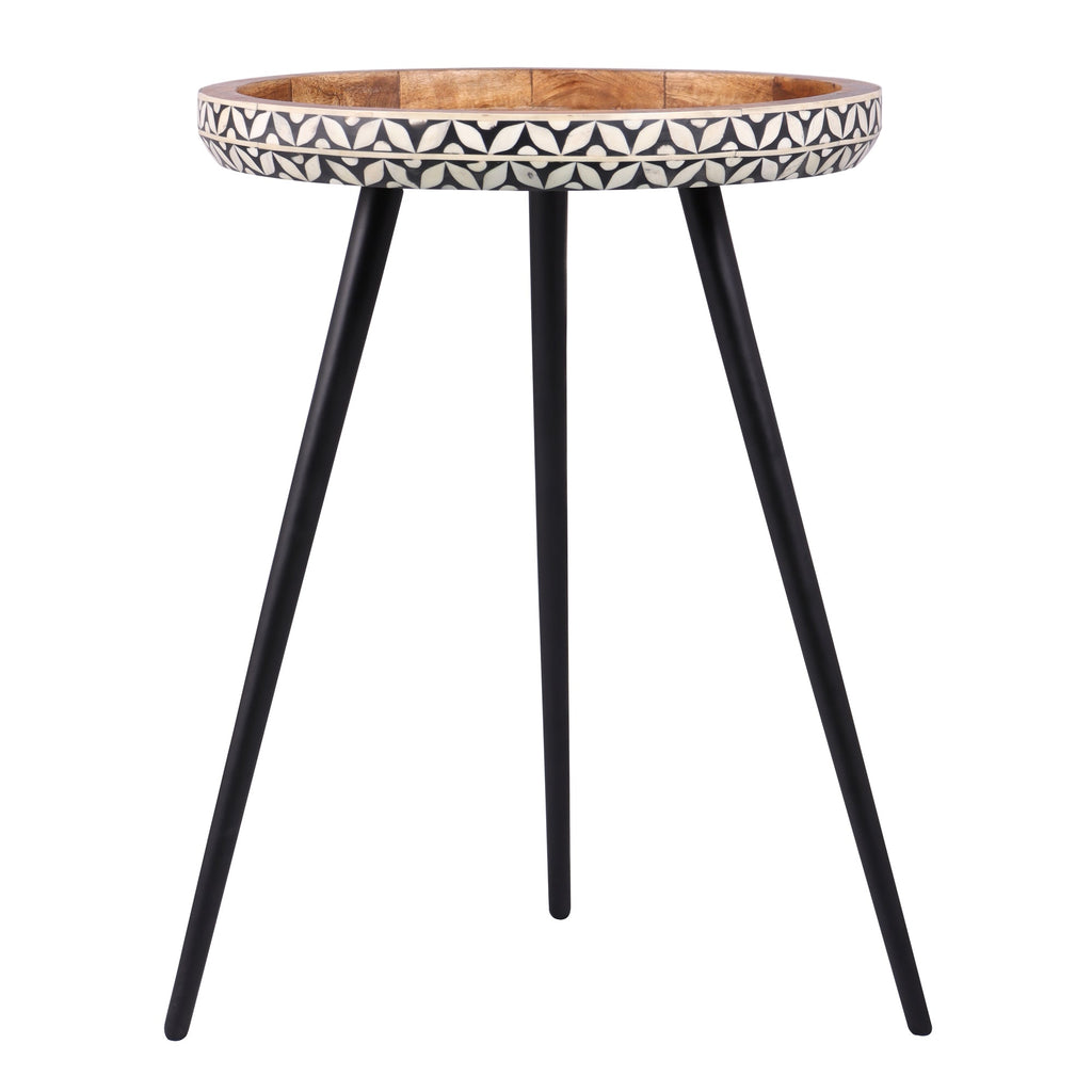 Round Wood Tray Top and Natural Bone Inlay Accent Table