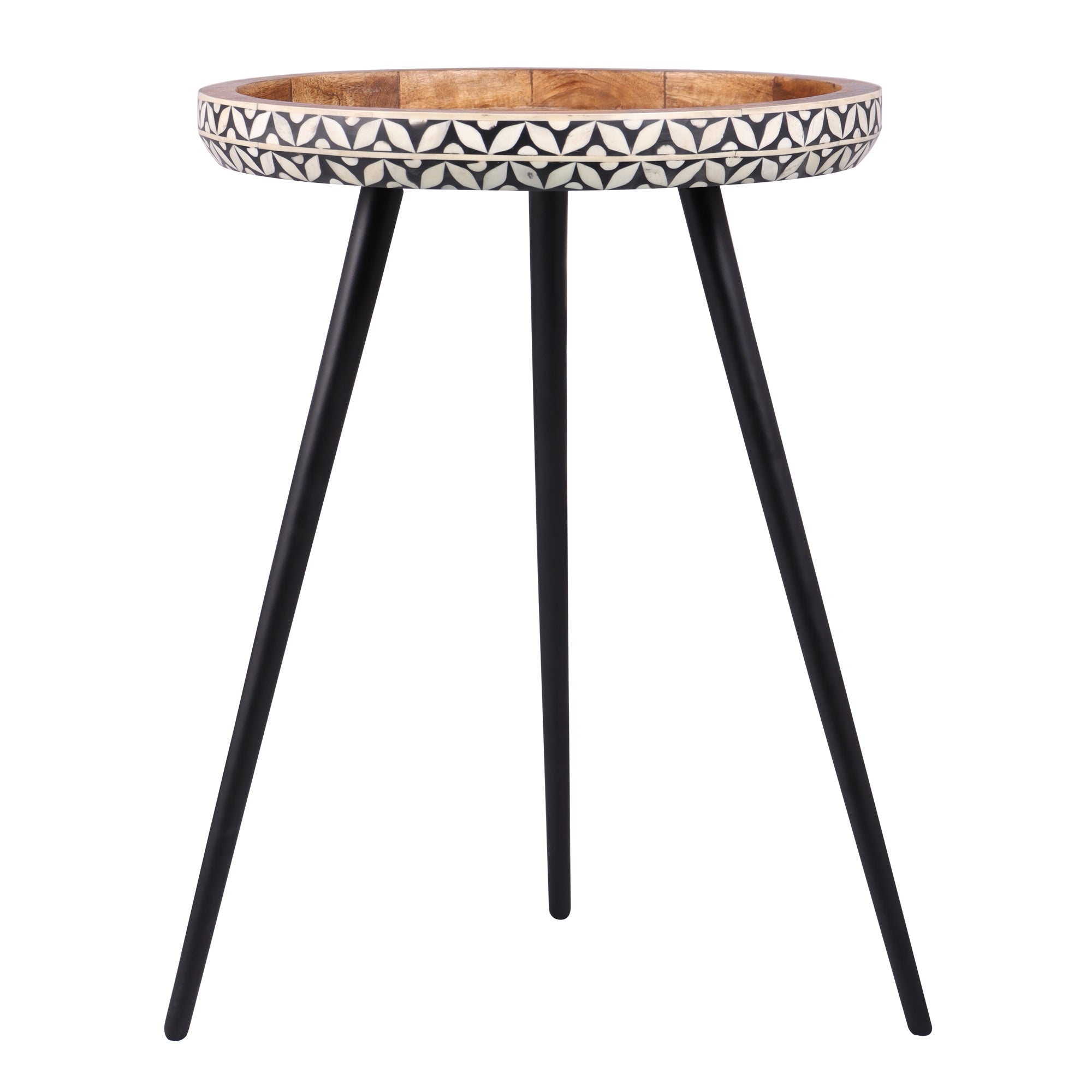 Round Wood Tray Top and Natural Bone Inlay Accent Table