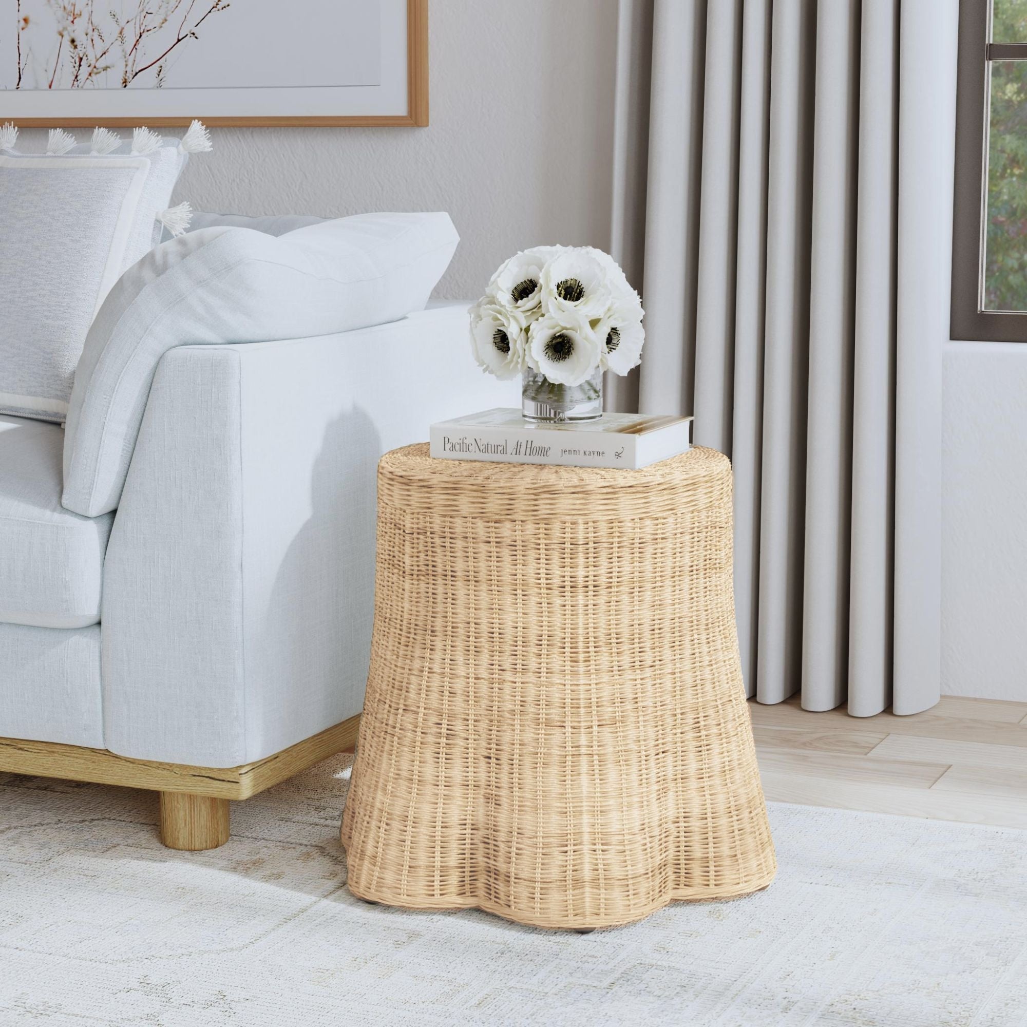 Mira Round Rattan Side Table With Scalloped Base