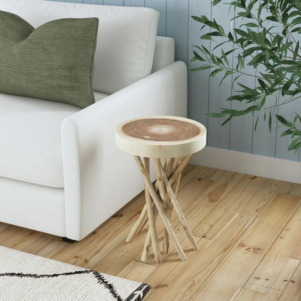 Baysol Round Solid Wood Side Table With Natural Stick Base