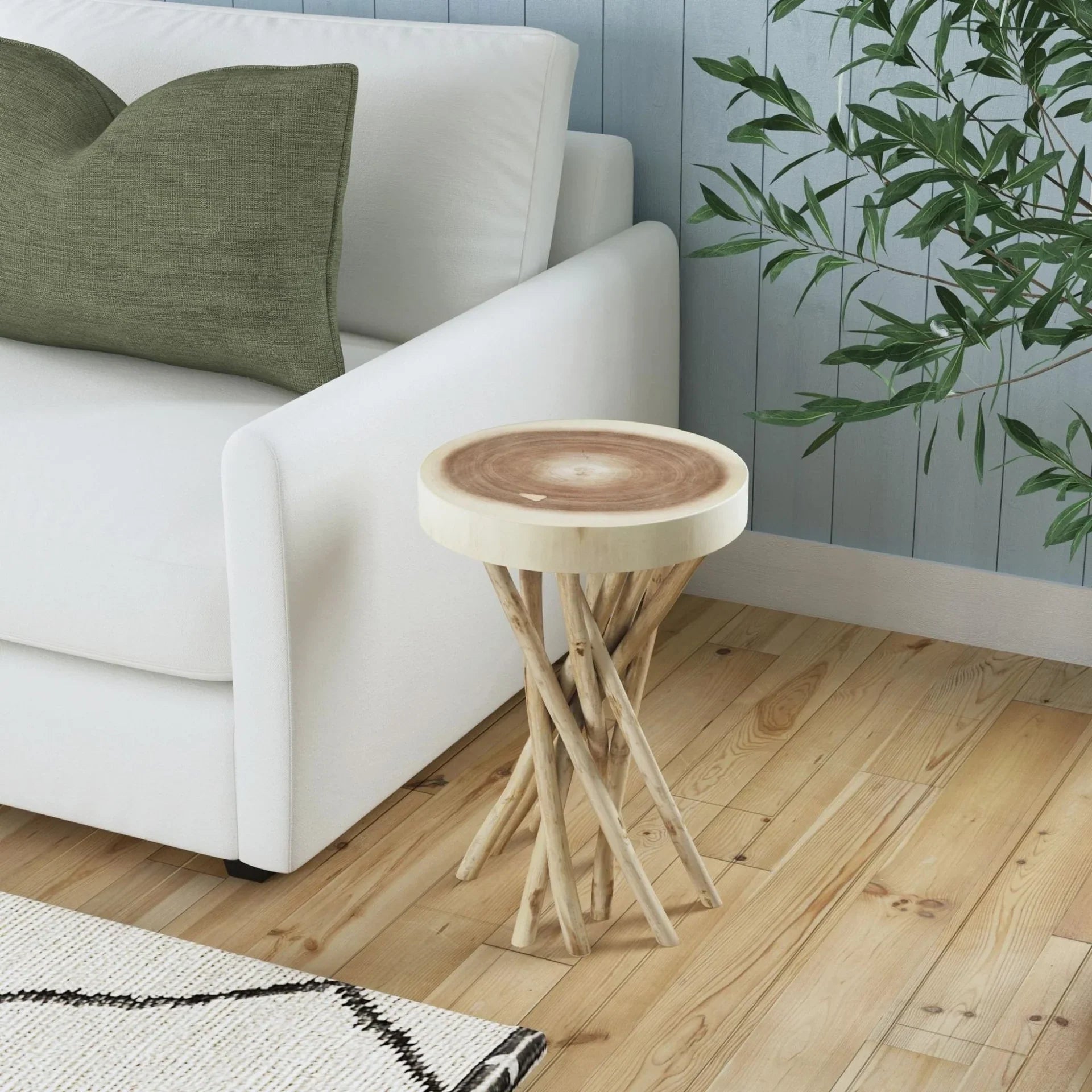 Baysol Round Solid Wood Side Table With Natural Stick Base