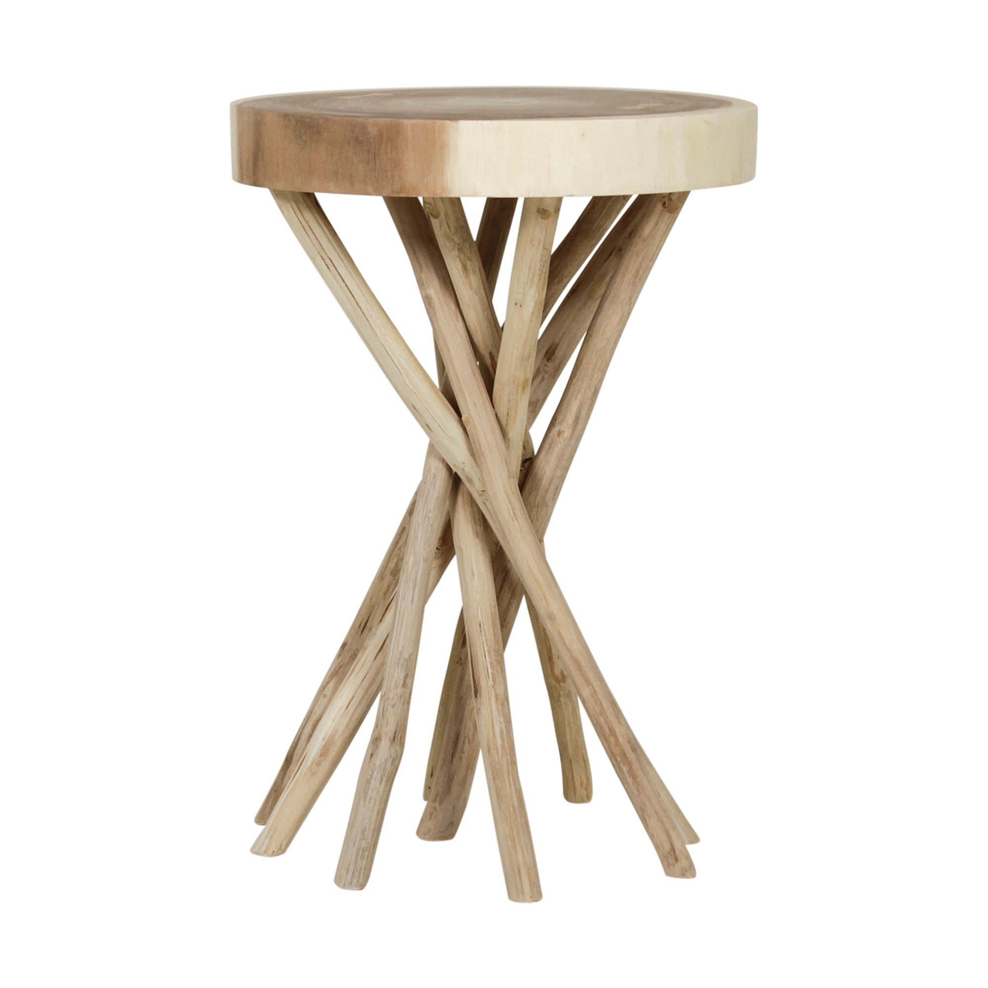 Baysol Round Solid Wood Side Table With Natural Stick Base