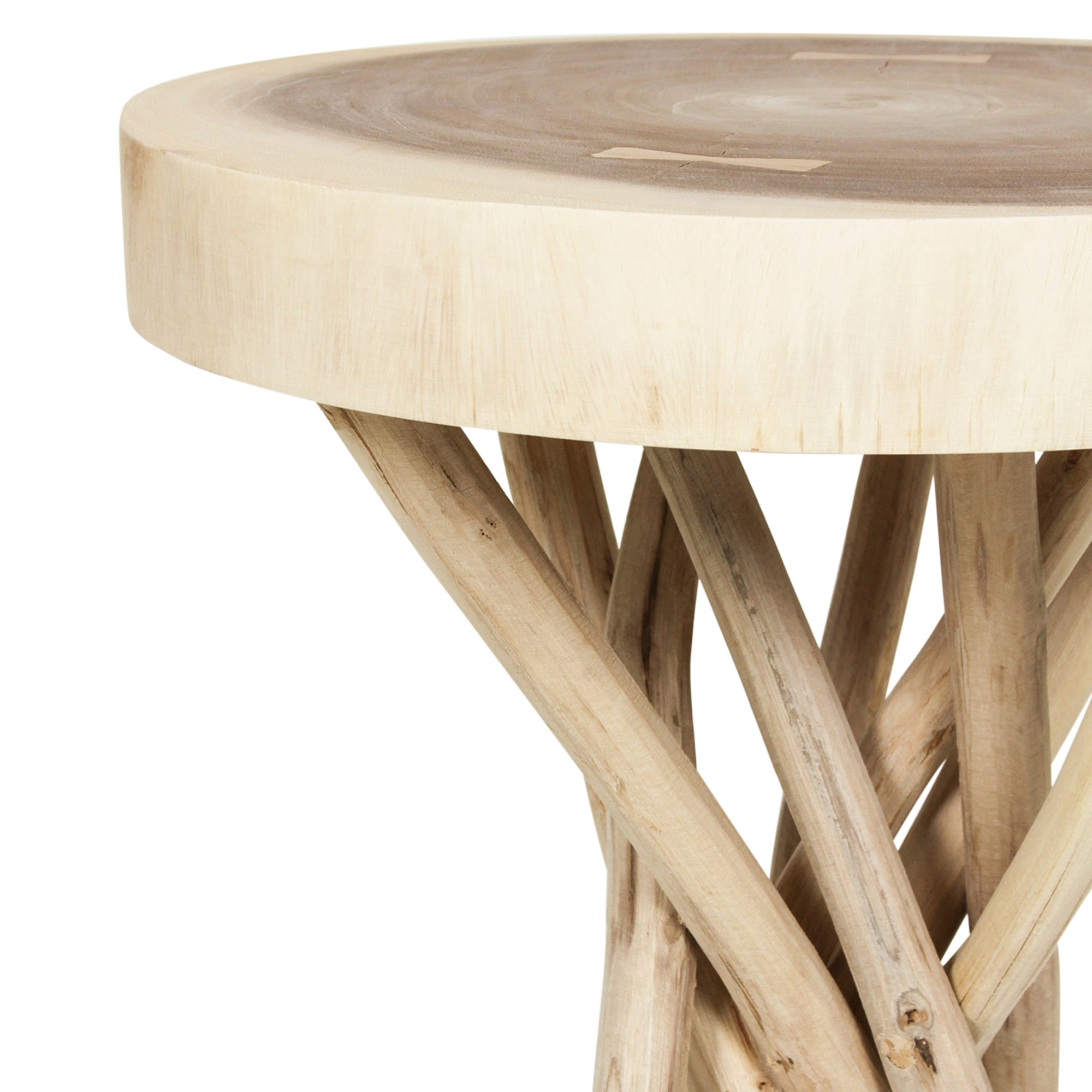 Baysol Round Solid Wood Side Table With Natural Stick Base