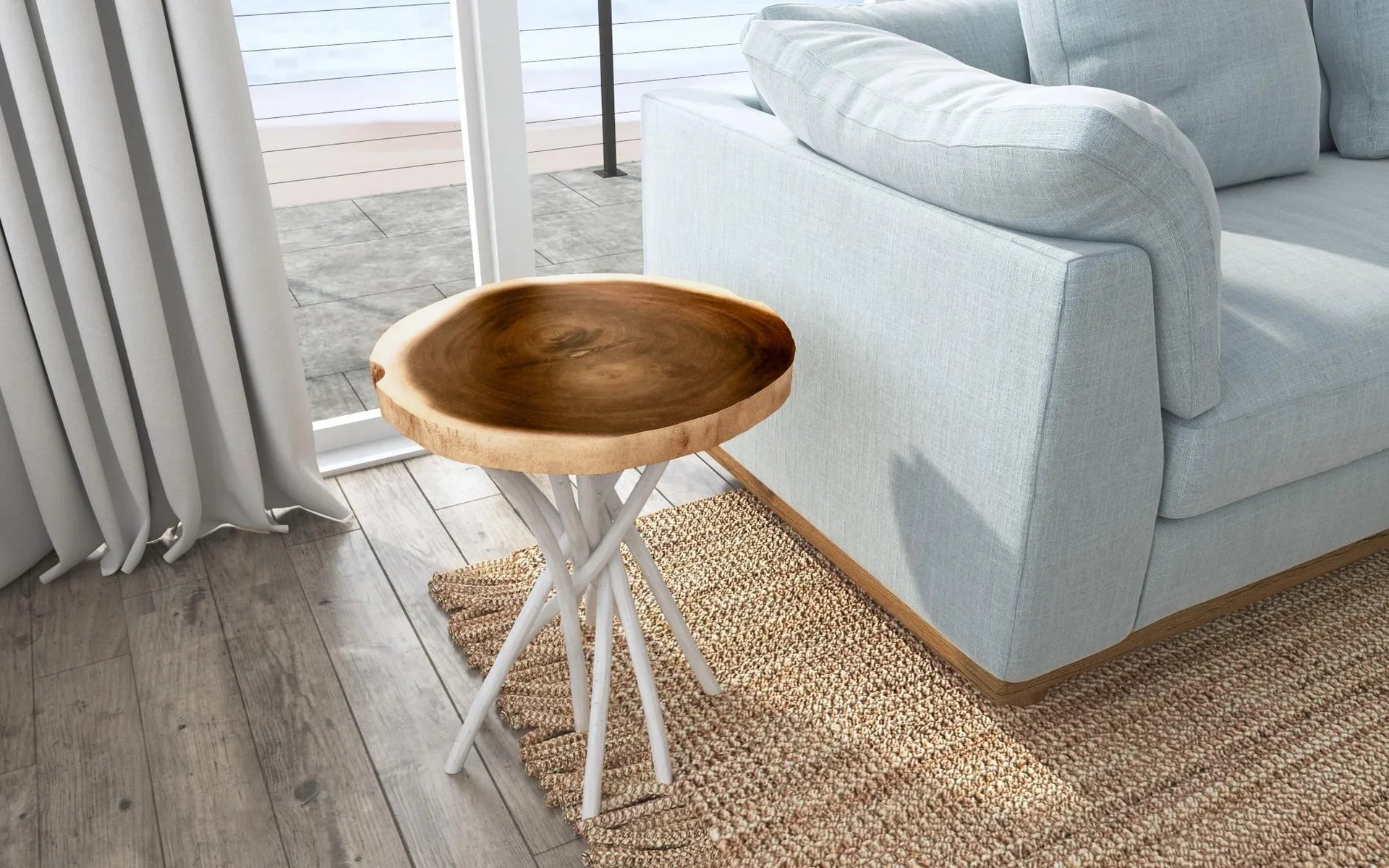 Baysol Round Solid Wood Side Table With Natural Stick Base