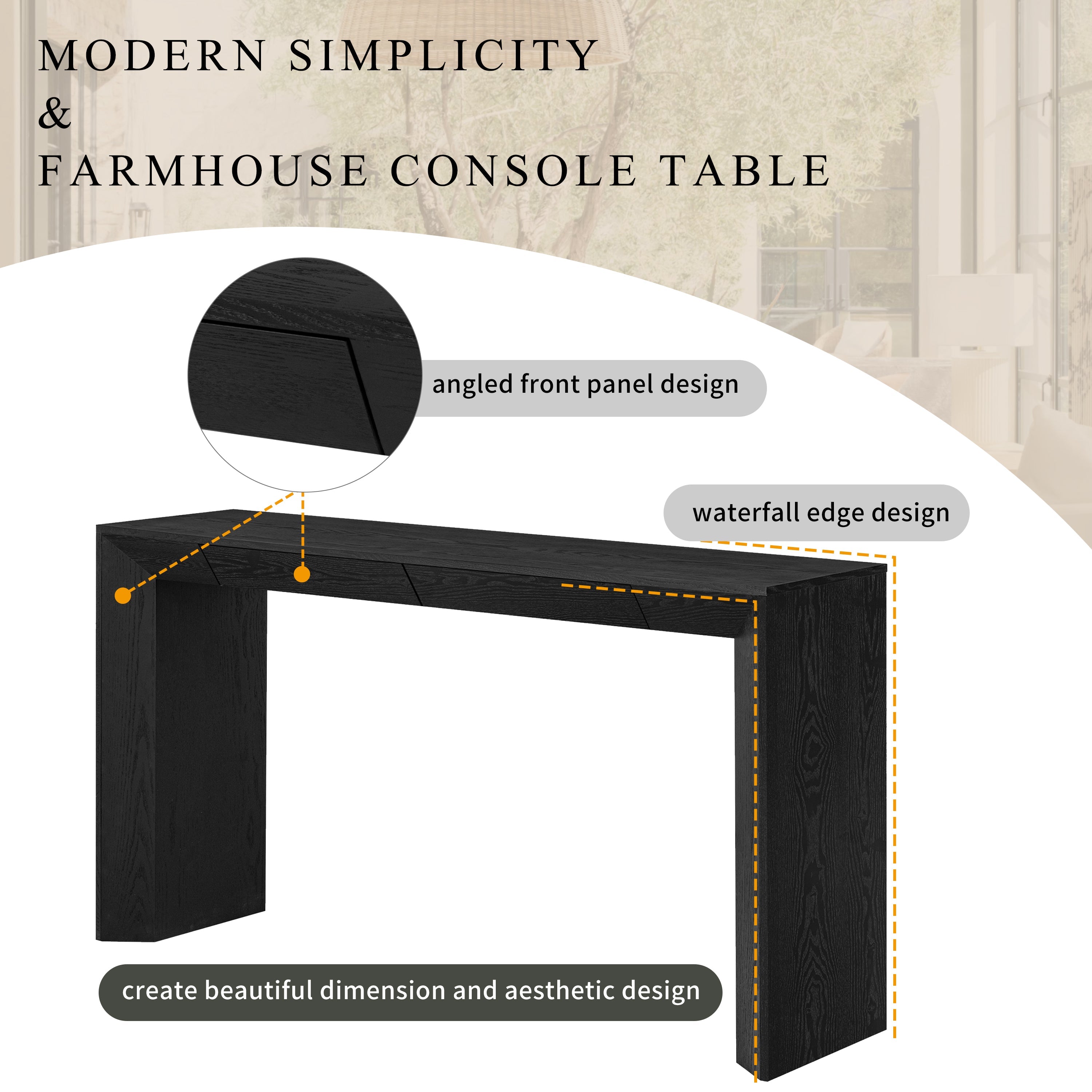 Modern Farmhouse Waterfall Console Table with 2 Concealed Drawers