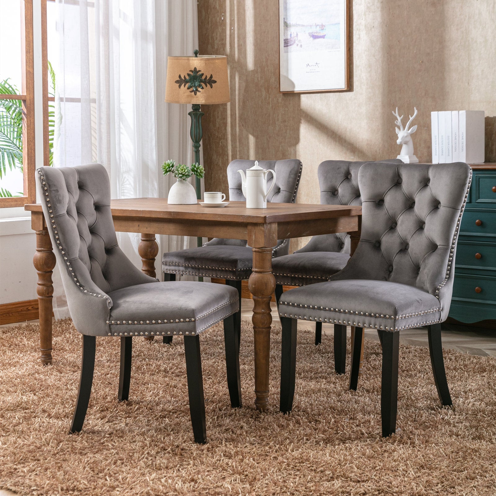 Rosewick Modern Tufted Velvet Nailhead Trim Solid Wood Upholstered Dining Chair with Wood Legs, Set of 2