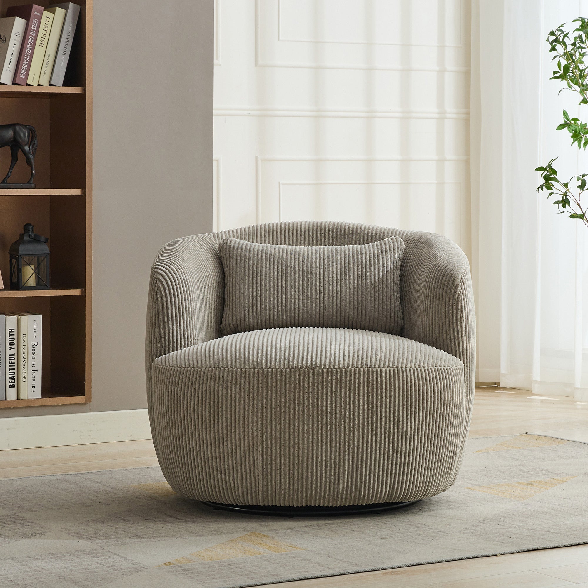 Wide Upholstered Corduroy 360° Swivel Barrel Soft Accent Chair with Pillow