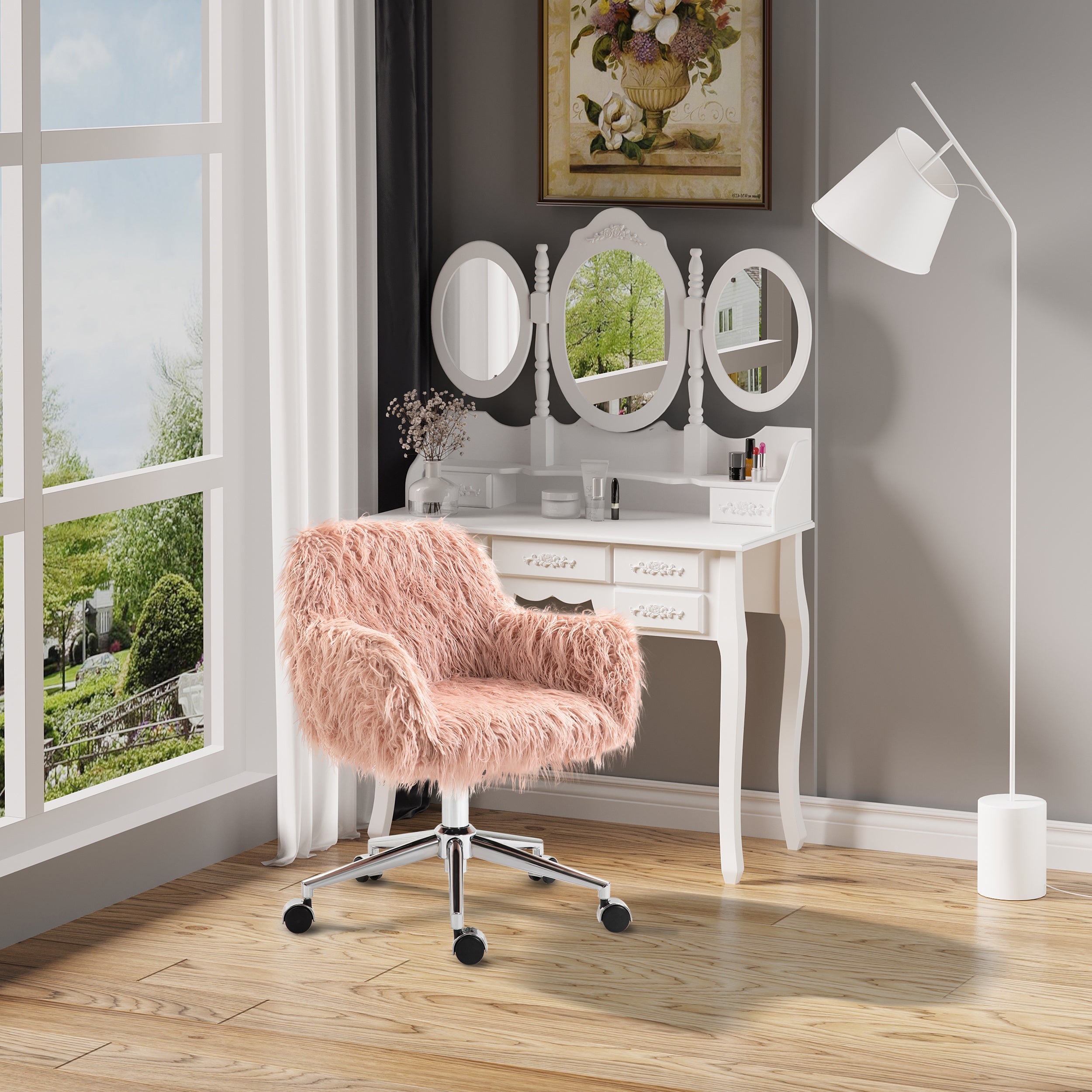 Faux Fur Desk Chair with Adjustable Height and Wheels