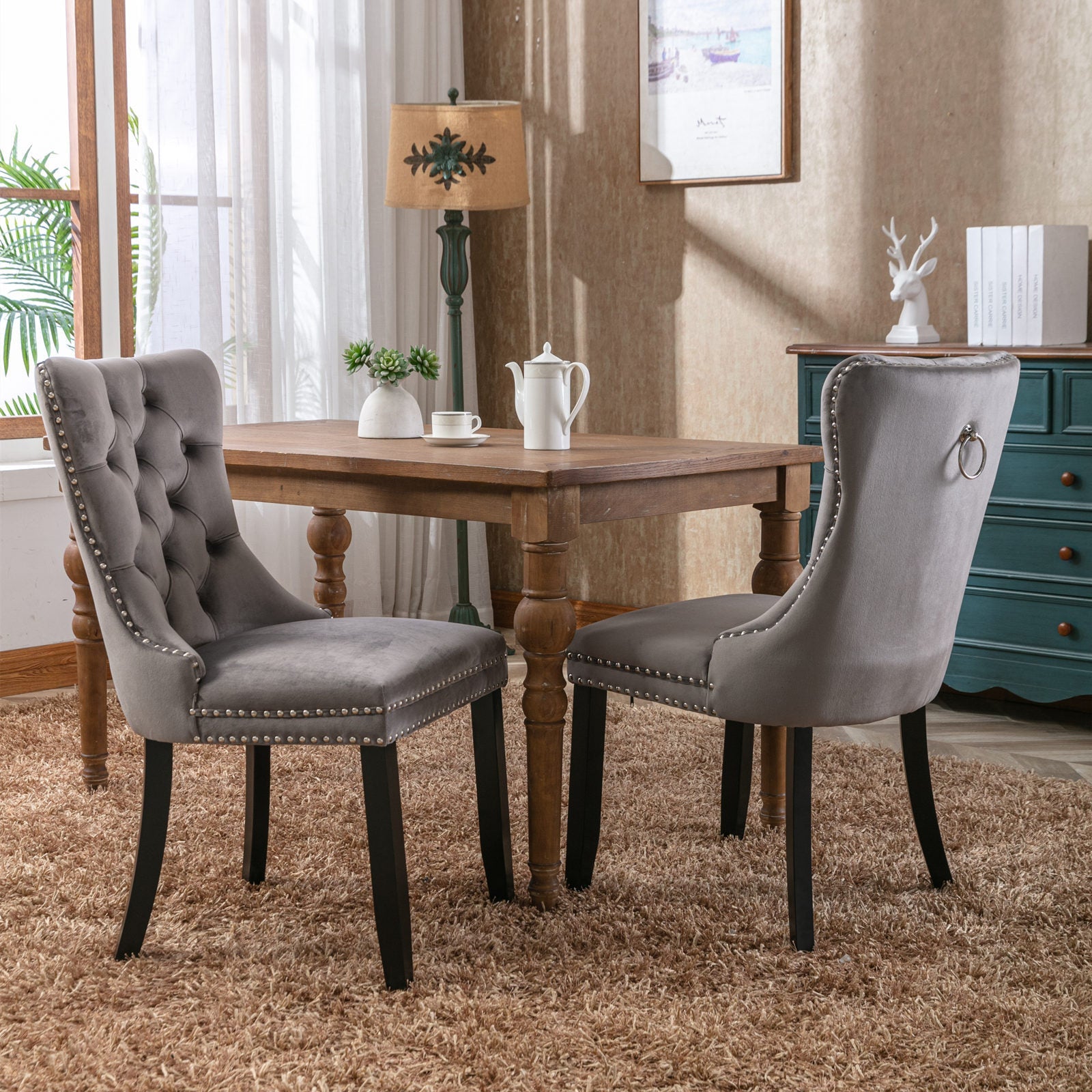 Rosewick Modern Tufted Velvet Nailhead Trim Solid Wood Upholstered Dining Chair with Wood Legs, Set of 2