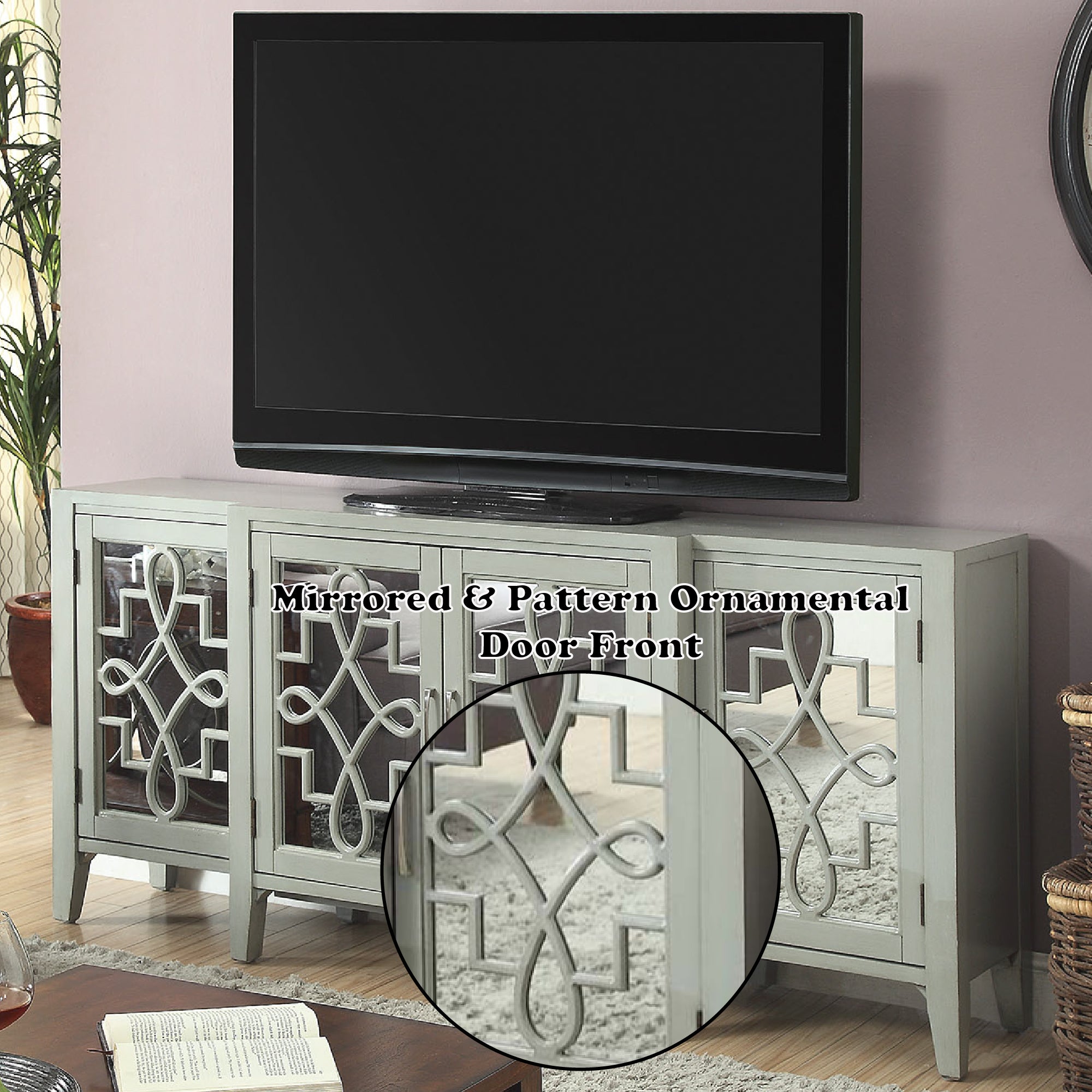 Kacia Mirrored Door Antique Finish Console Cabinet