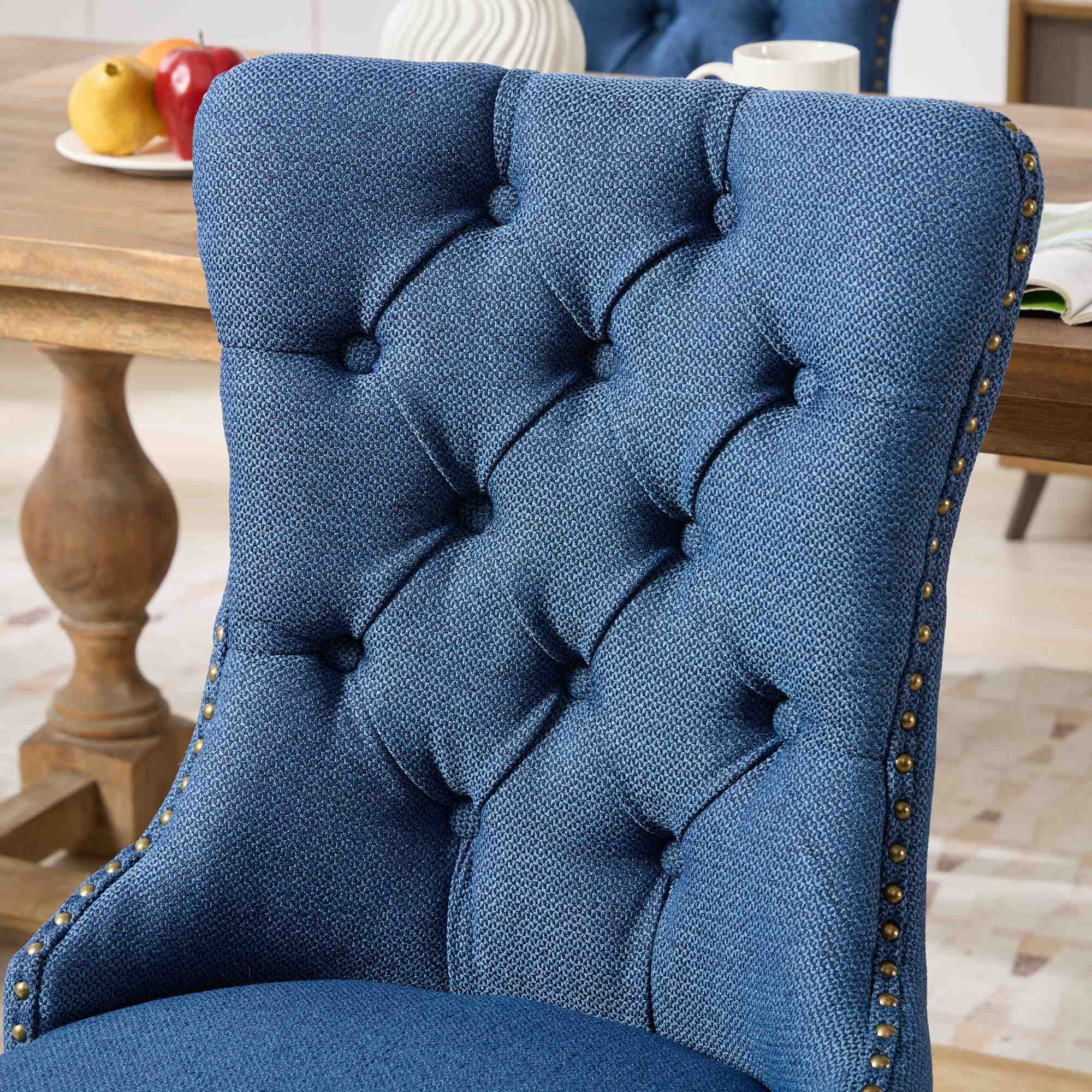 Rosewick Modern Tufted Linen Nailhead Trim Solid Wood Upholstered Dining Chair with Black Legs, Set of 2