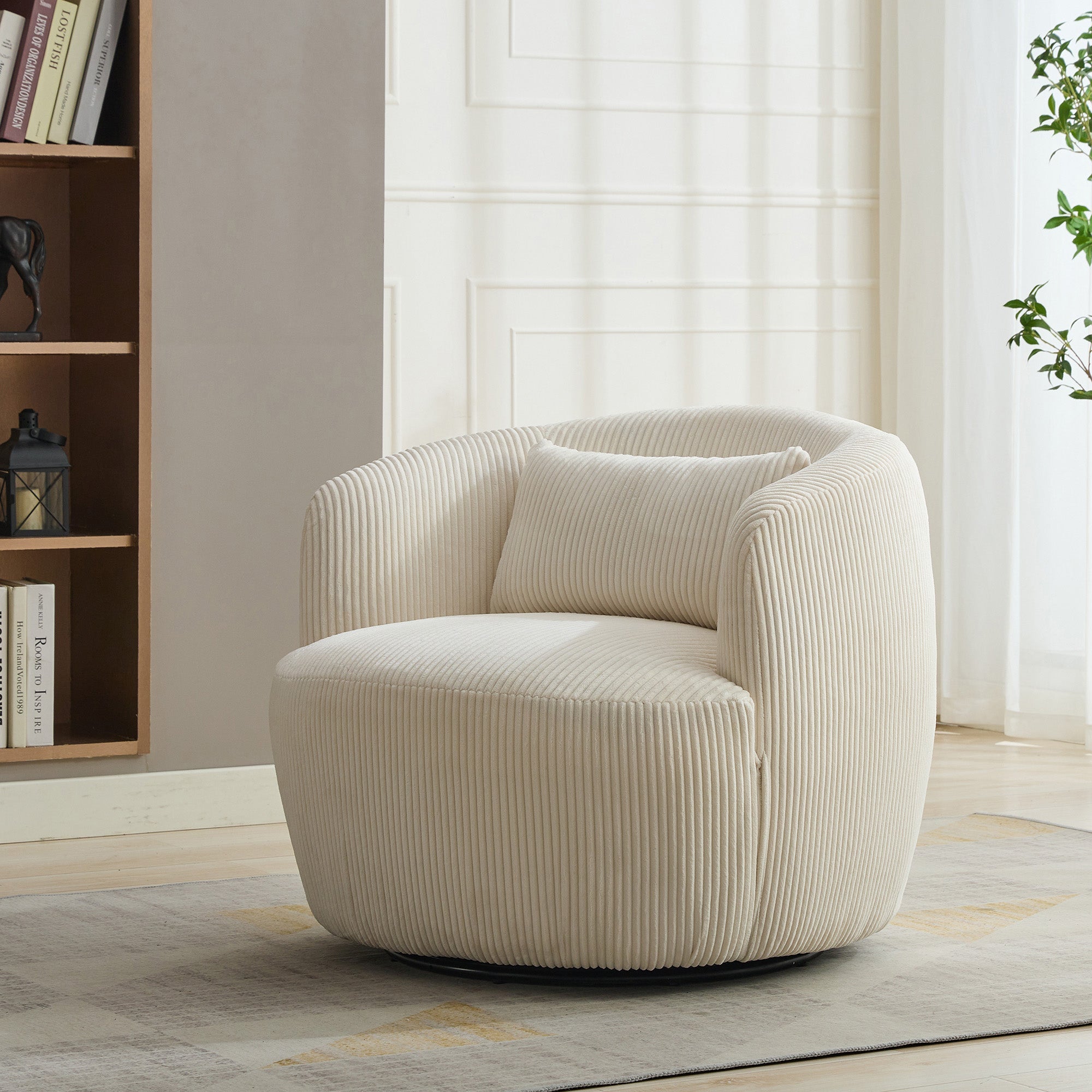 Wide Upholstered Corduroy 360° Swivel Barrel Soft Accent Chair with Pillow
