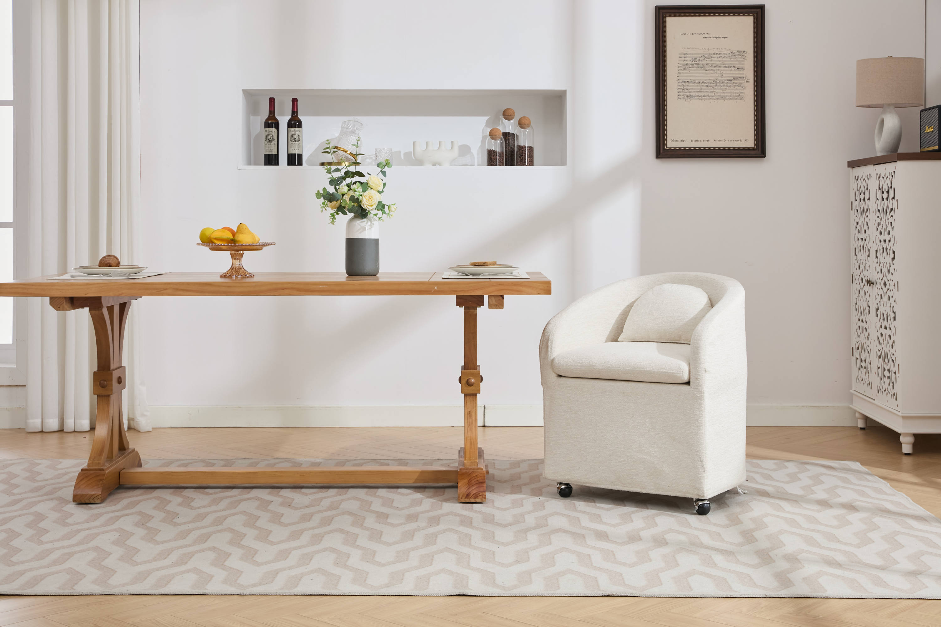 Cheswick Chenille Upholstered Dining Arm Chair With Back Cushion and Wheels