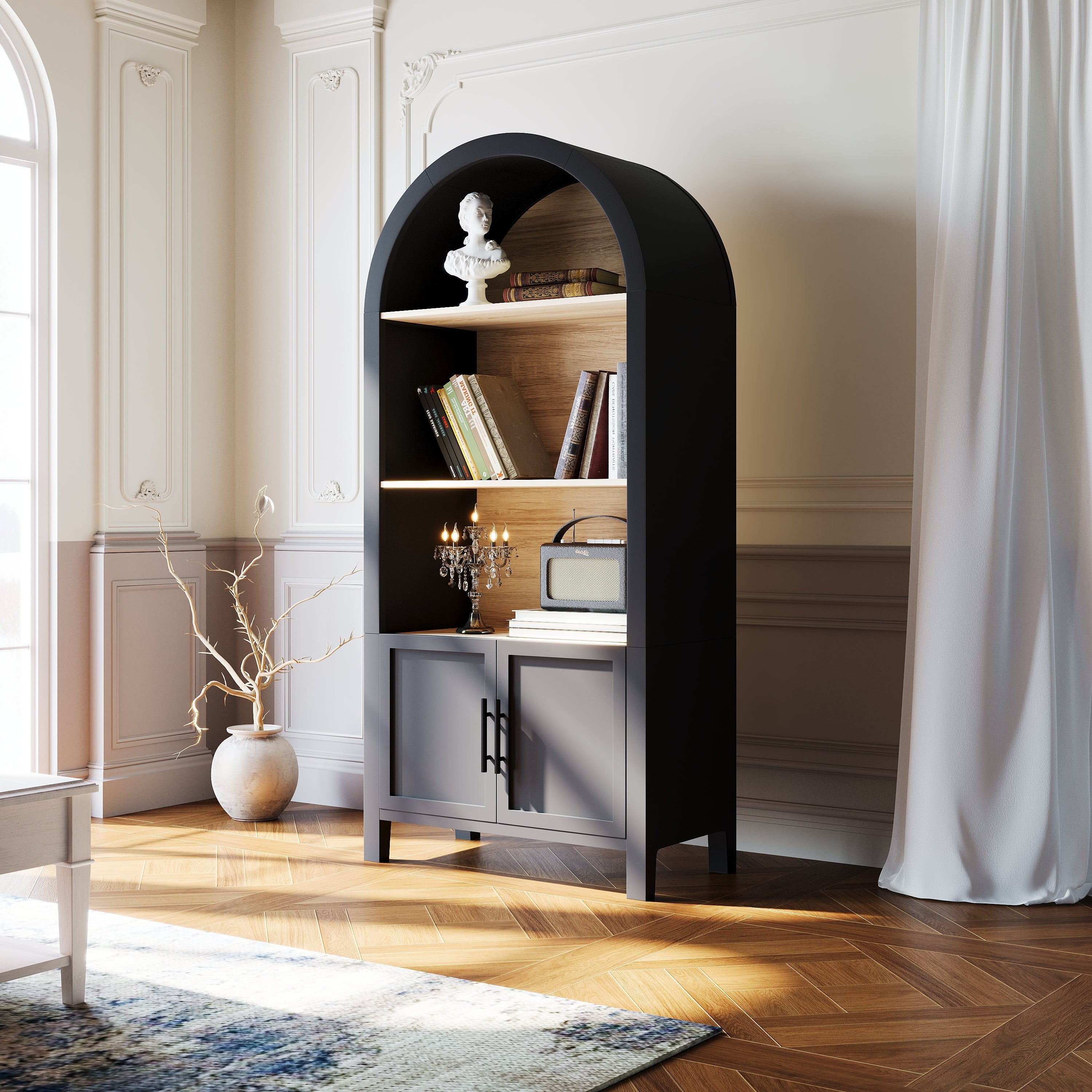 Grantham Arched 3-Tier Bookcase Cabinet with Door